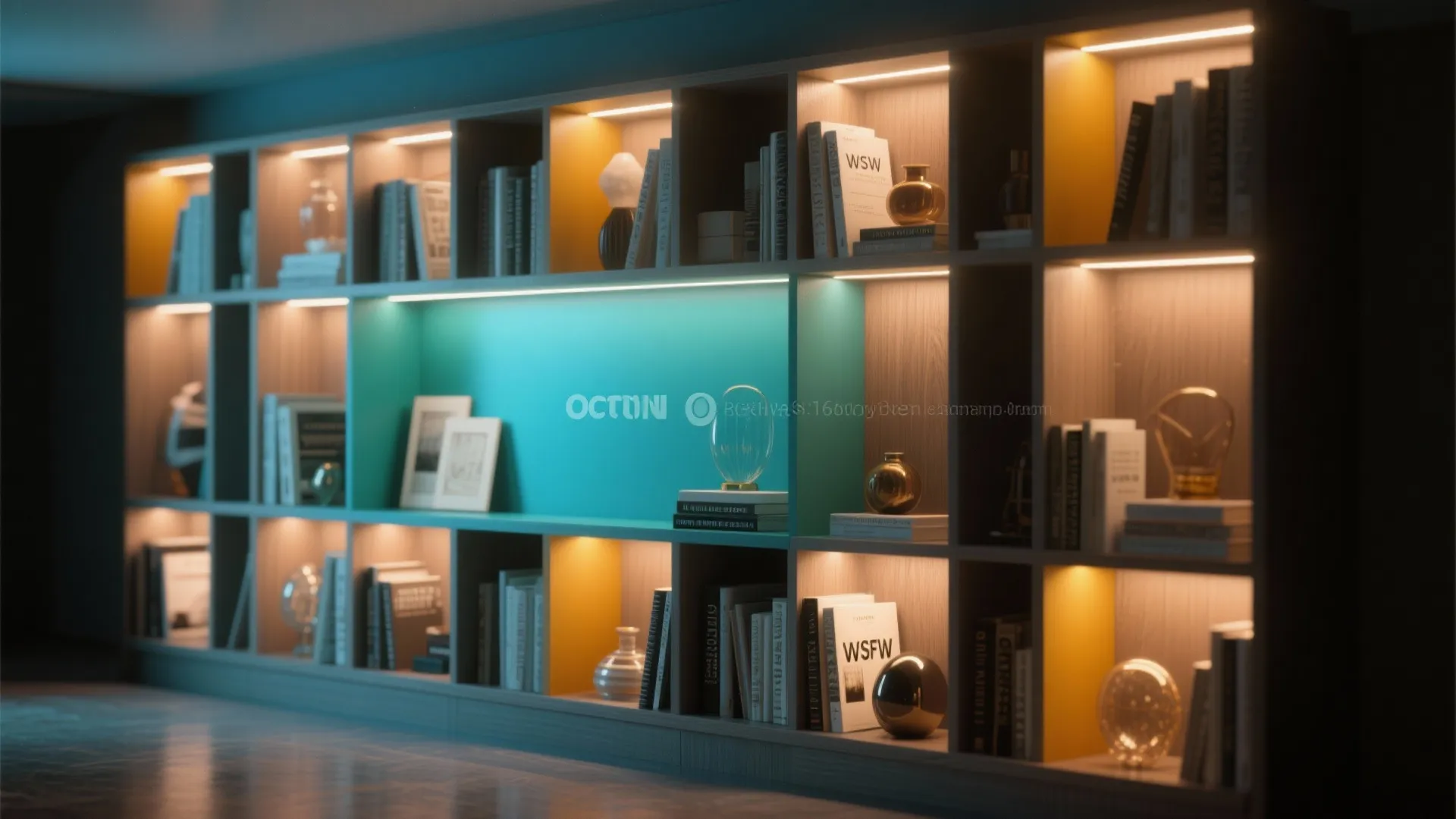 Modern wooden cabinet with light fixture holding books and decorative items in a dark room