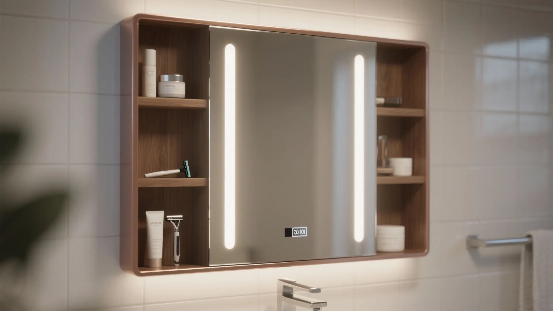 Modern wood bathroom cabinet with lit mirror shelves for skincare products and razors on wall