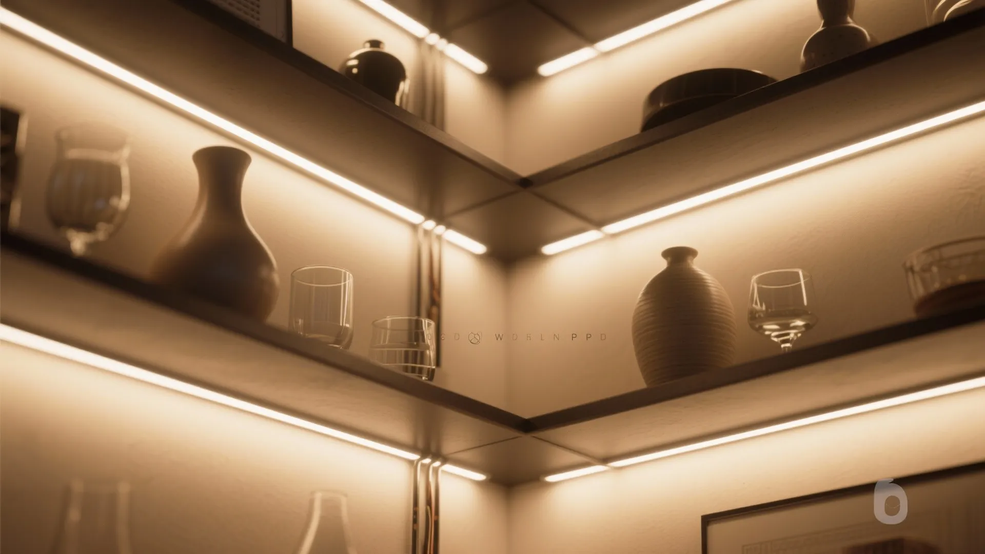 Modern corner shelves with built-in light strips displaying vases and glasses in a warm atmosphere