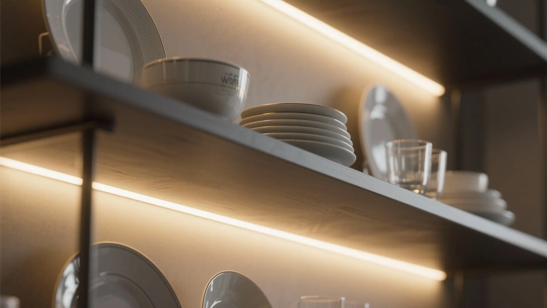 Close up of wooden shelves with built in light strip holding white plates and glass cups