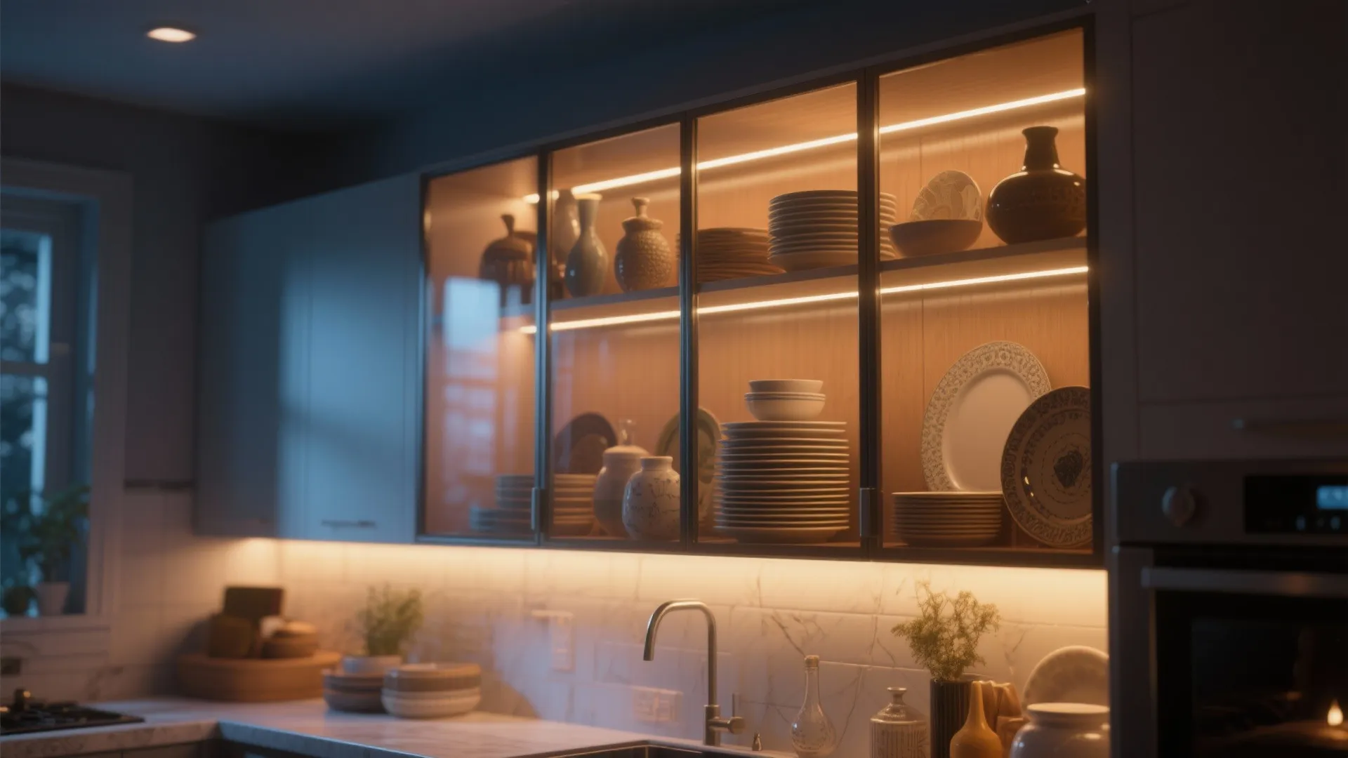 Glass-front cabinet illuminated by warm LED strips showcasing plates and cookbooks.
