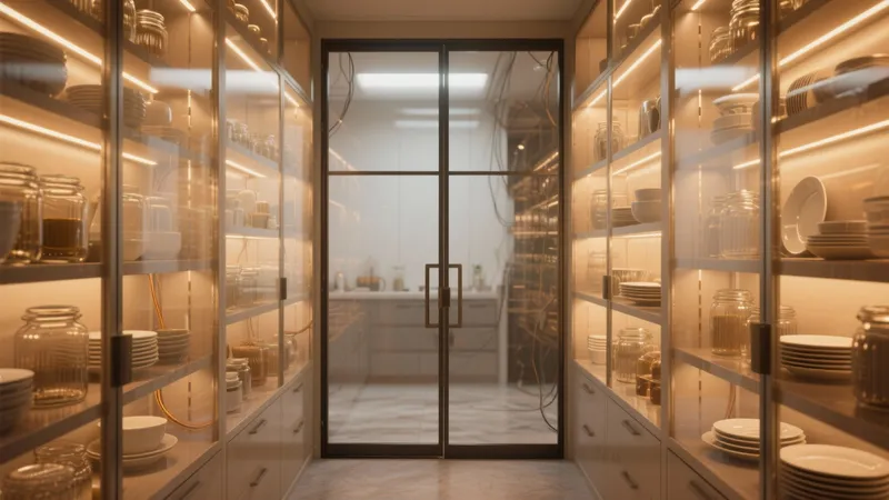 Luxury Walk-In Pantry with Glass Shelving and LED Lighting