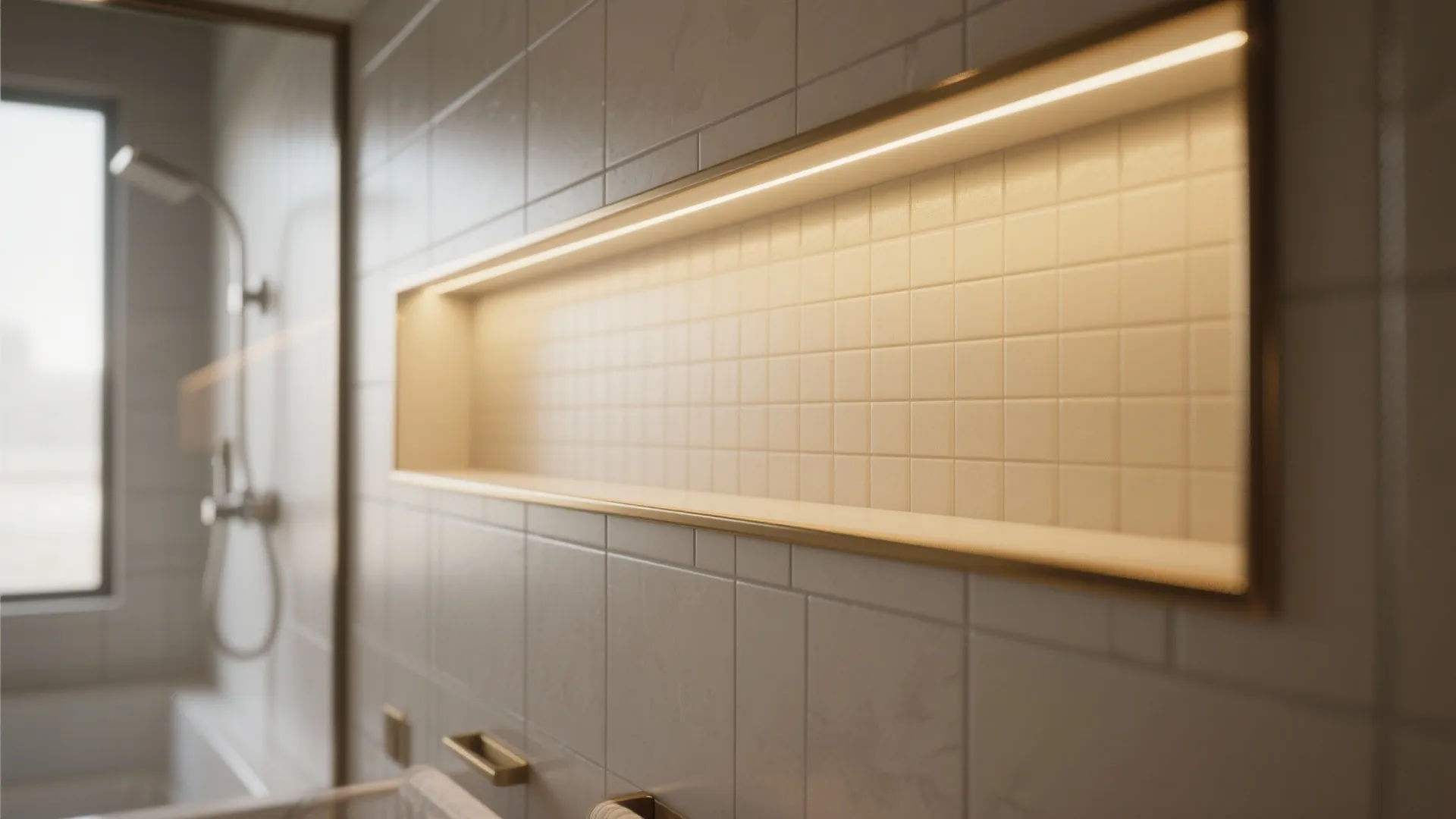 Close up of a long horizontal wall shelf with warm built in light and tiles