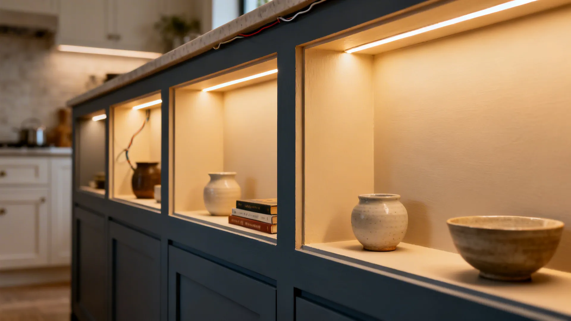 Shallow backlit niches in a kitchen island display ceramics and books with warm LED glow.