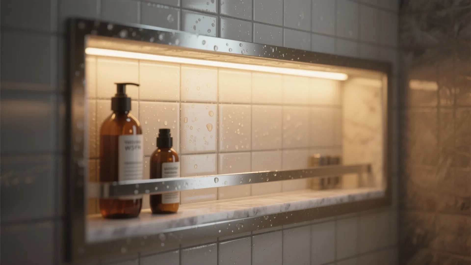 Close up view of shower wall shelf with warm light fixture brown bottles and water droplets