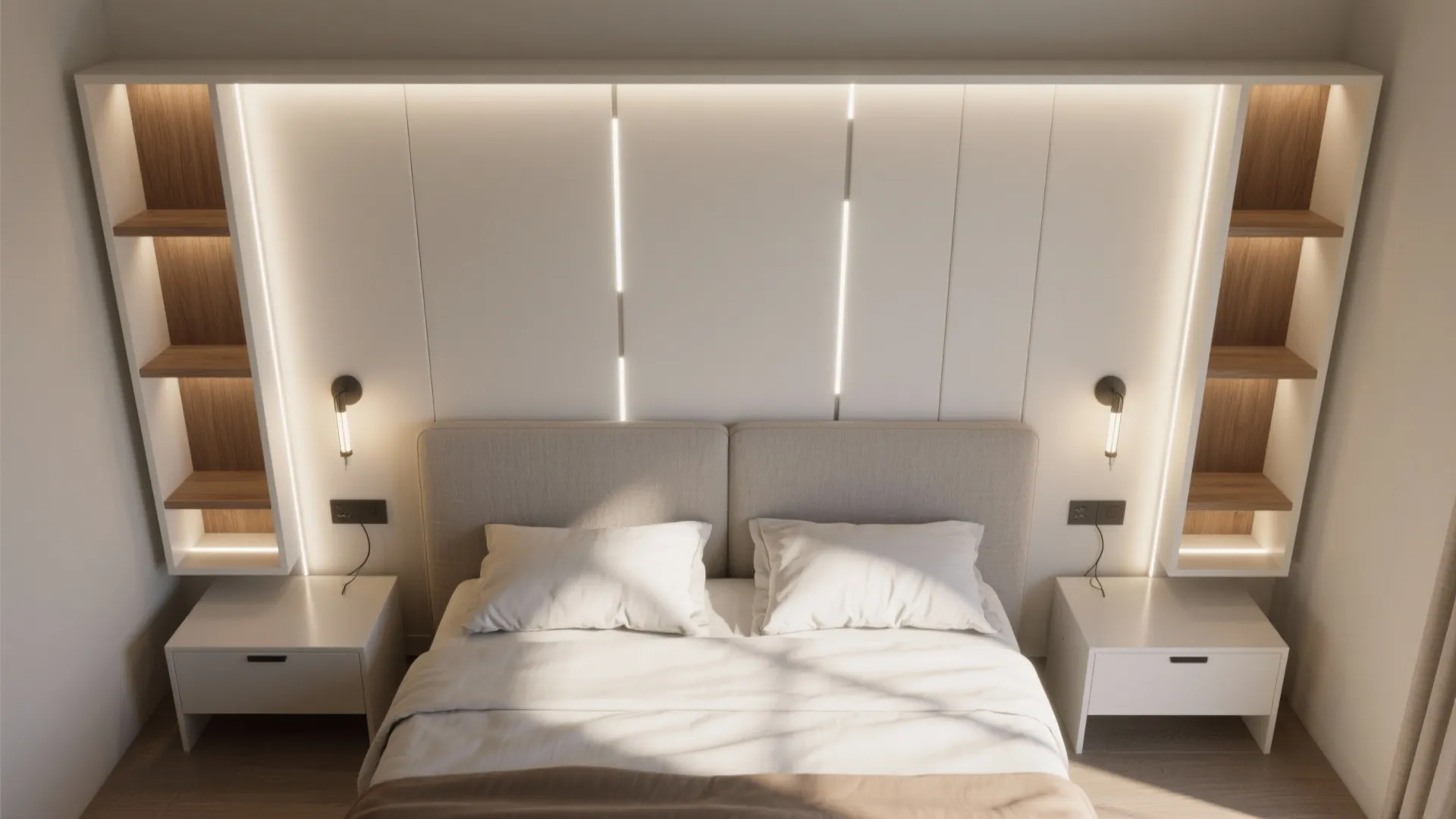 Bedroom interior design drawing with built-in wall shelves, white headboard, wall lights, and white bedside tables