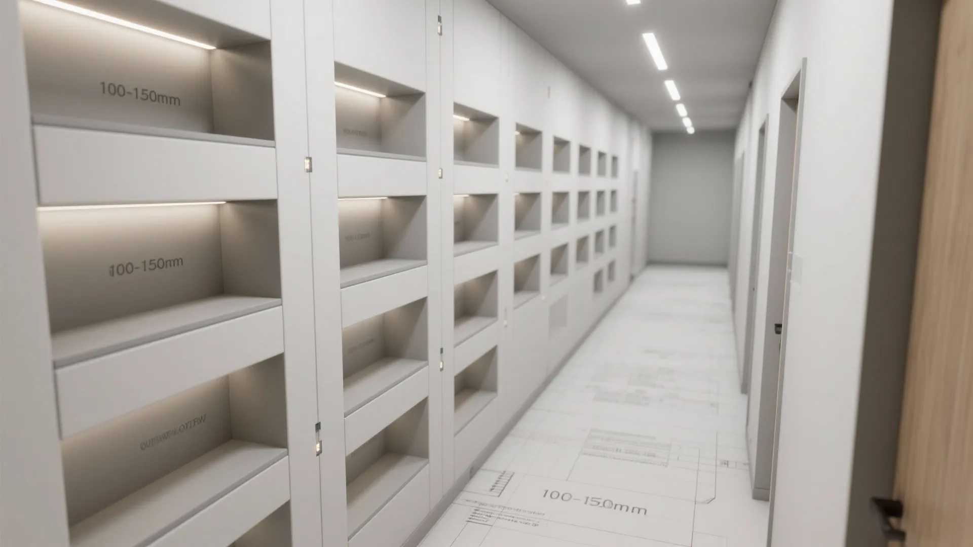 Modern white hallway with wall storage niches featuring built in lighting and floor plan markings