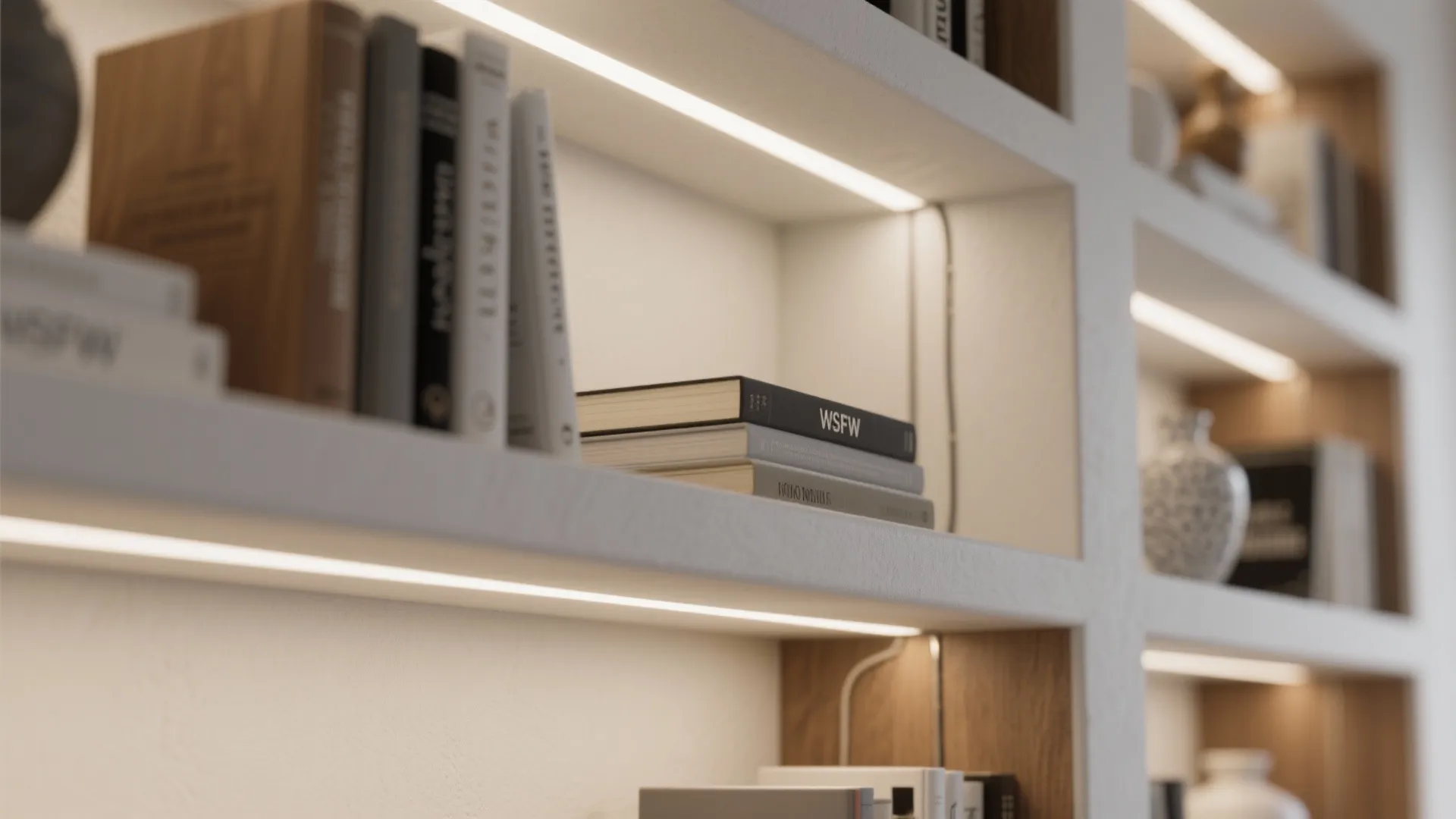 White wall shelves with integrated light strips holding books and decorative items in modern home