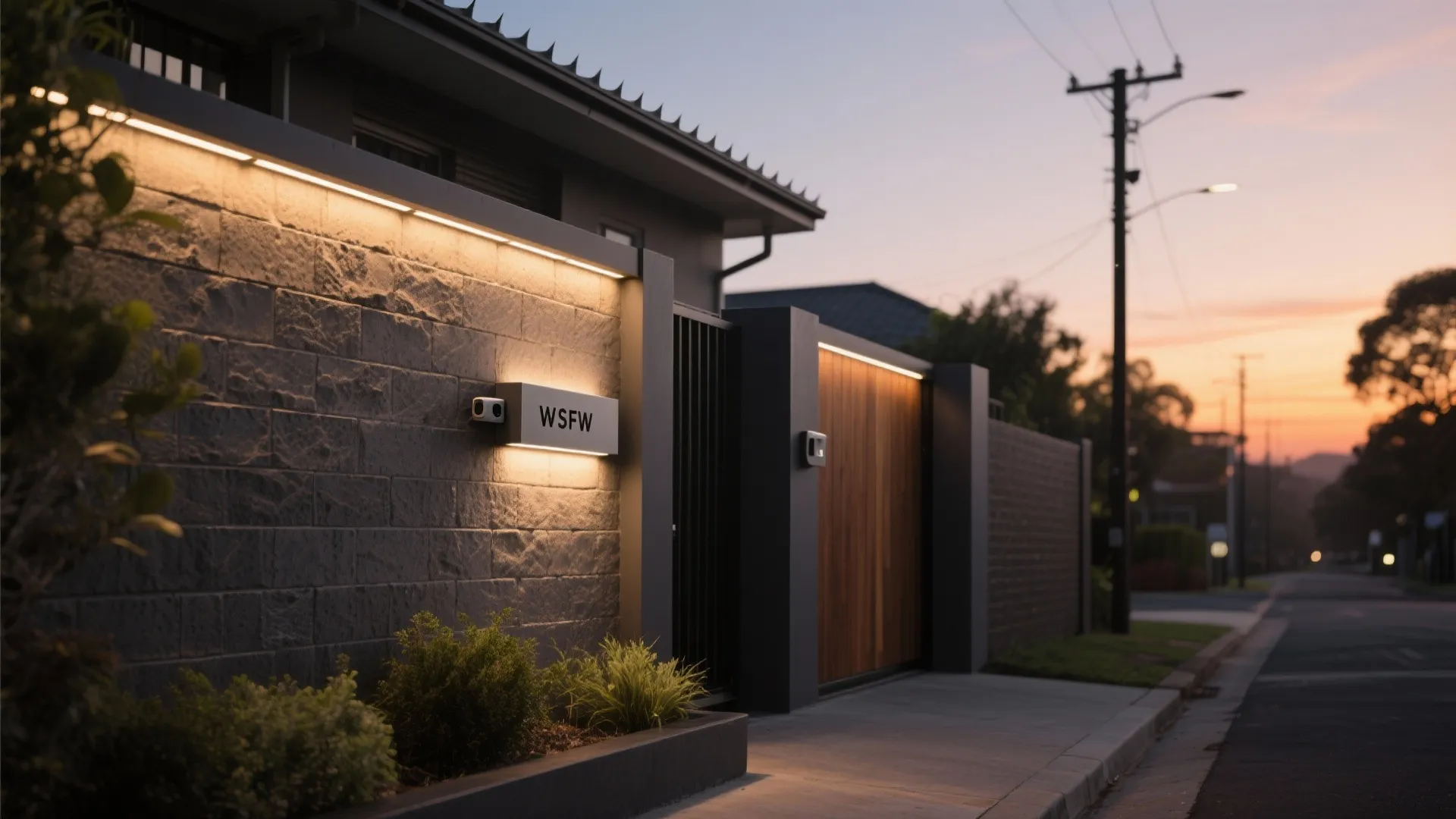Modern stone wall with built-in lights and wooden gate in front of a house at sunset