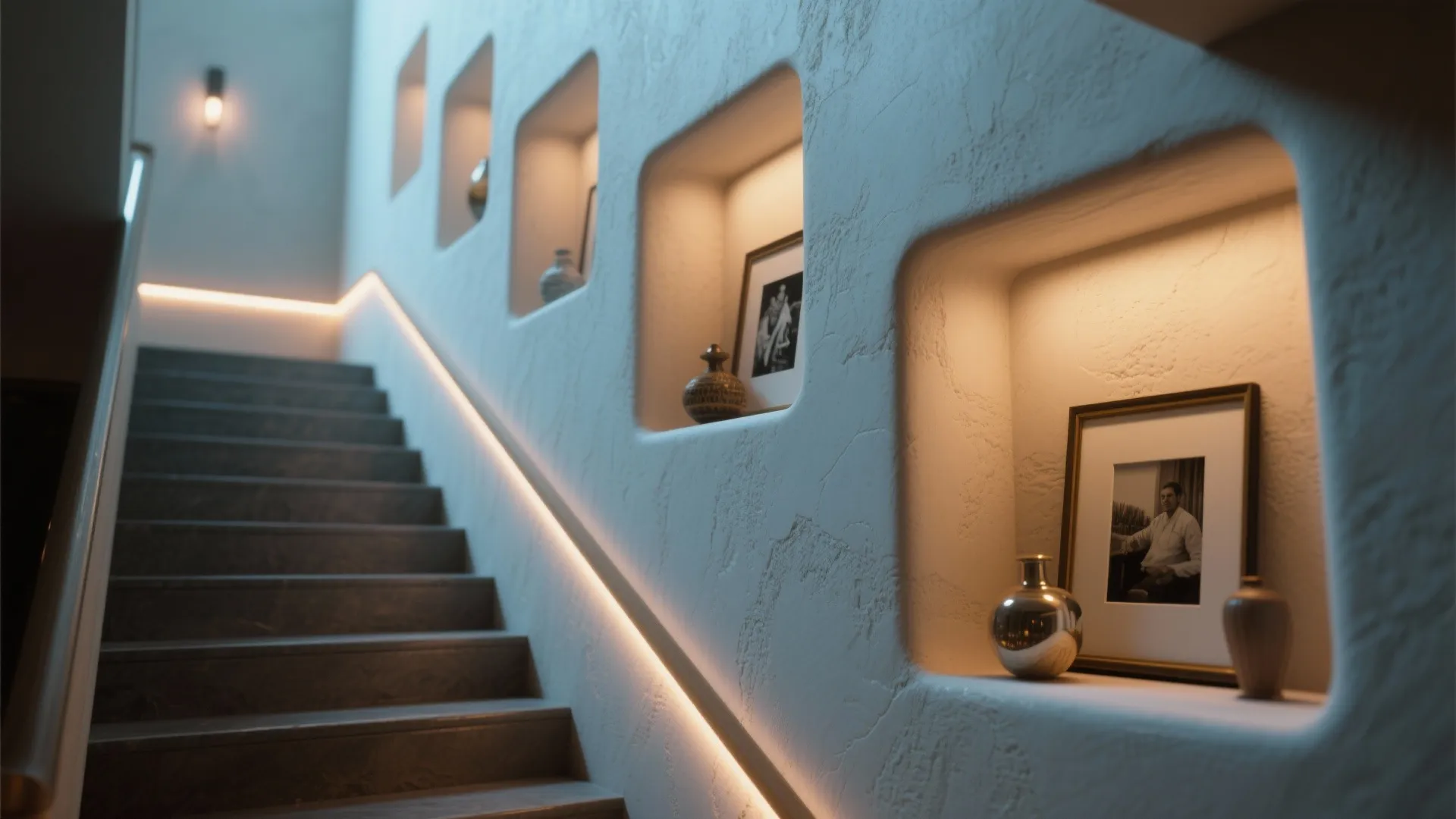 Staircase wall featuring recessed display boxes with warm lighting for picture frames and decorative vases