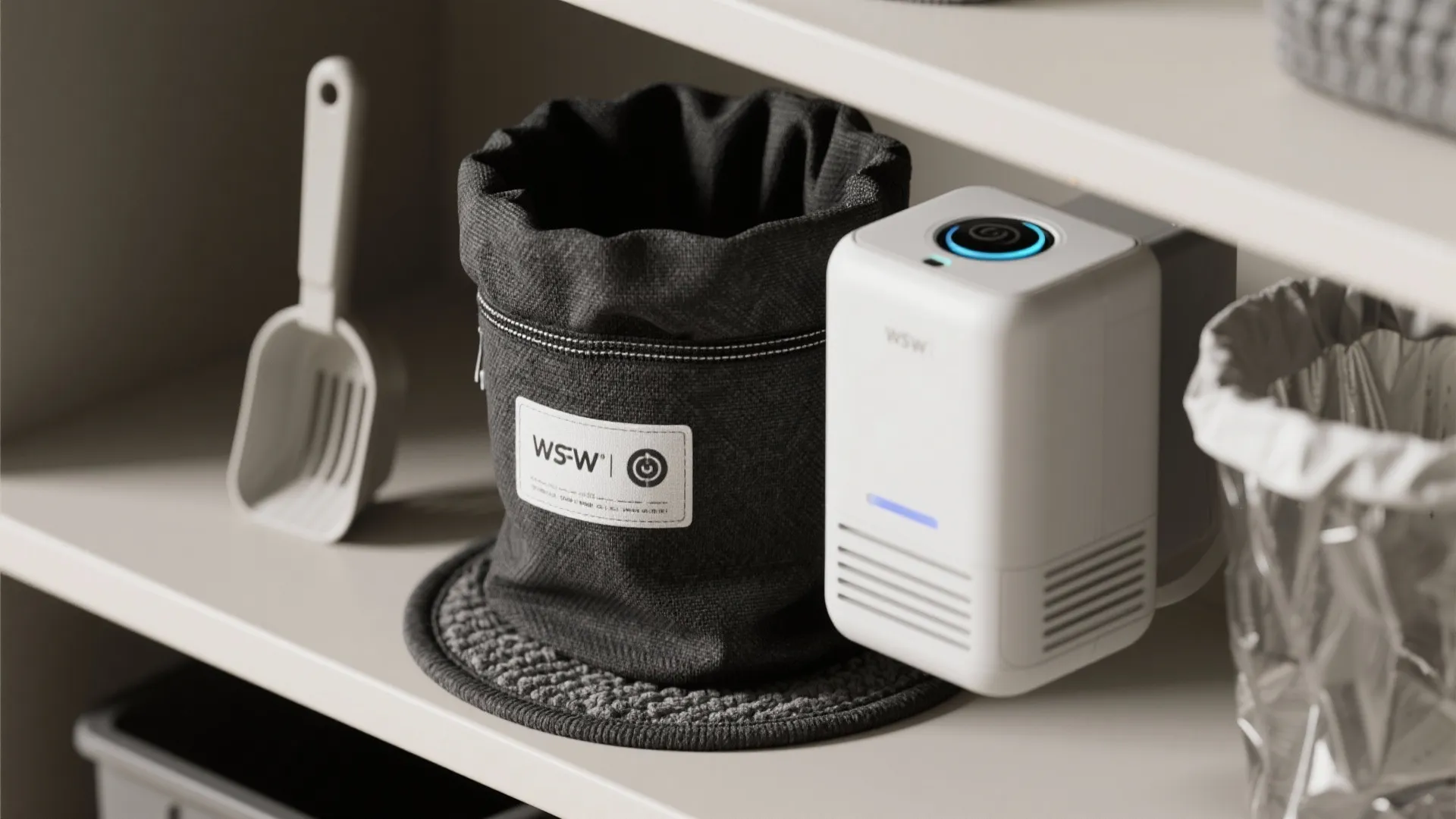 Pet litter accessories including a grey fabric bag and a white air purifier on shelf