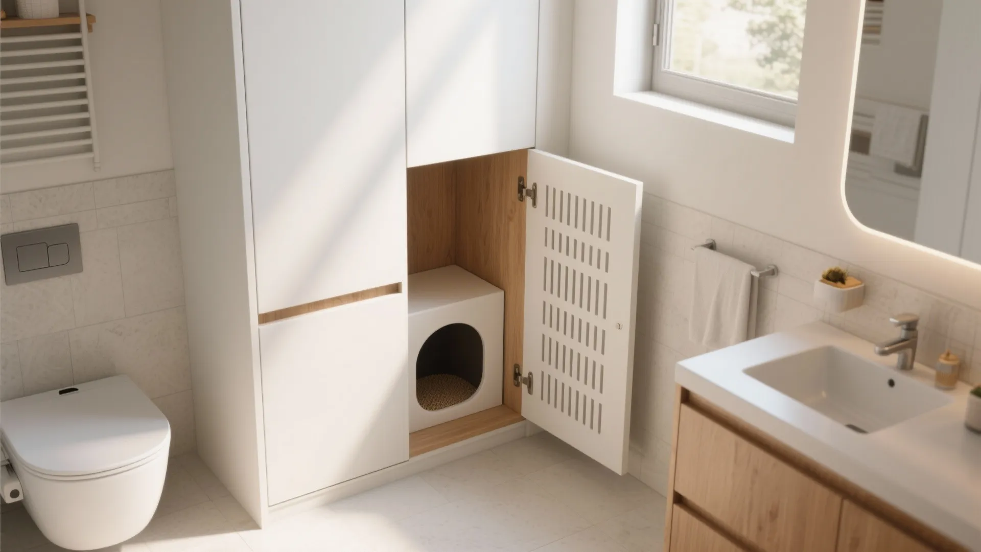 White bathroom cabinet with open door showing hidden cat litter box near toilet and sink