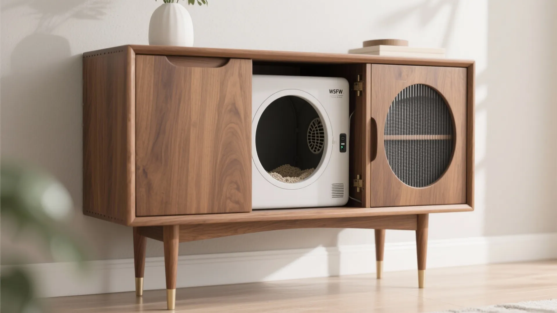 Wooden cabinet featuring a white automatic cat litter box inside in a bright living room