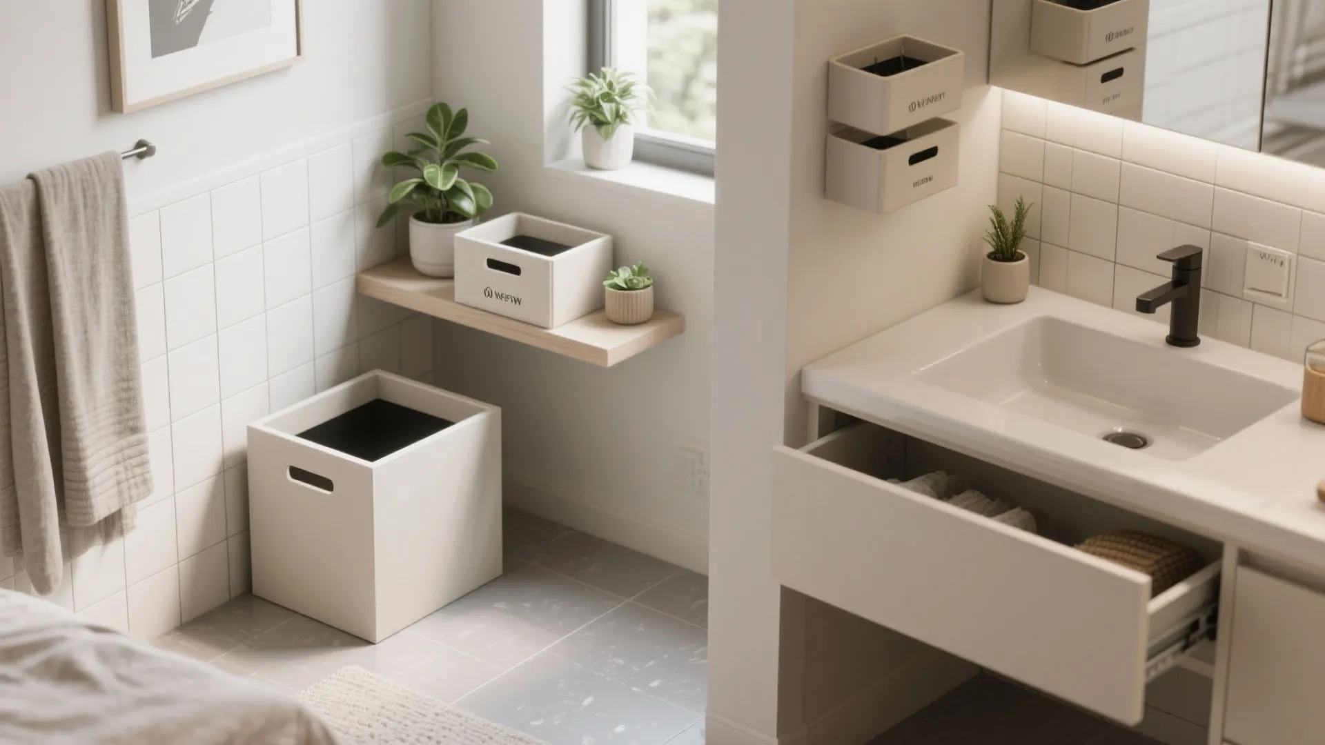 Multiple compact litter box setups shown in a tidy apartment: low-sided box, top-entry box, and an under-sink drawer.