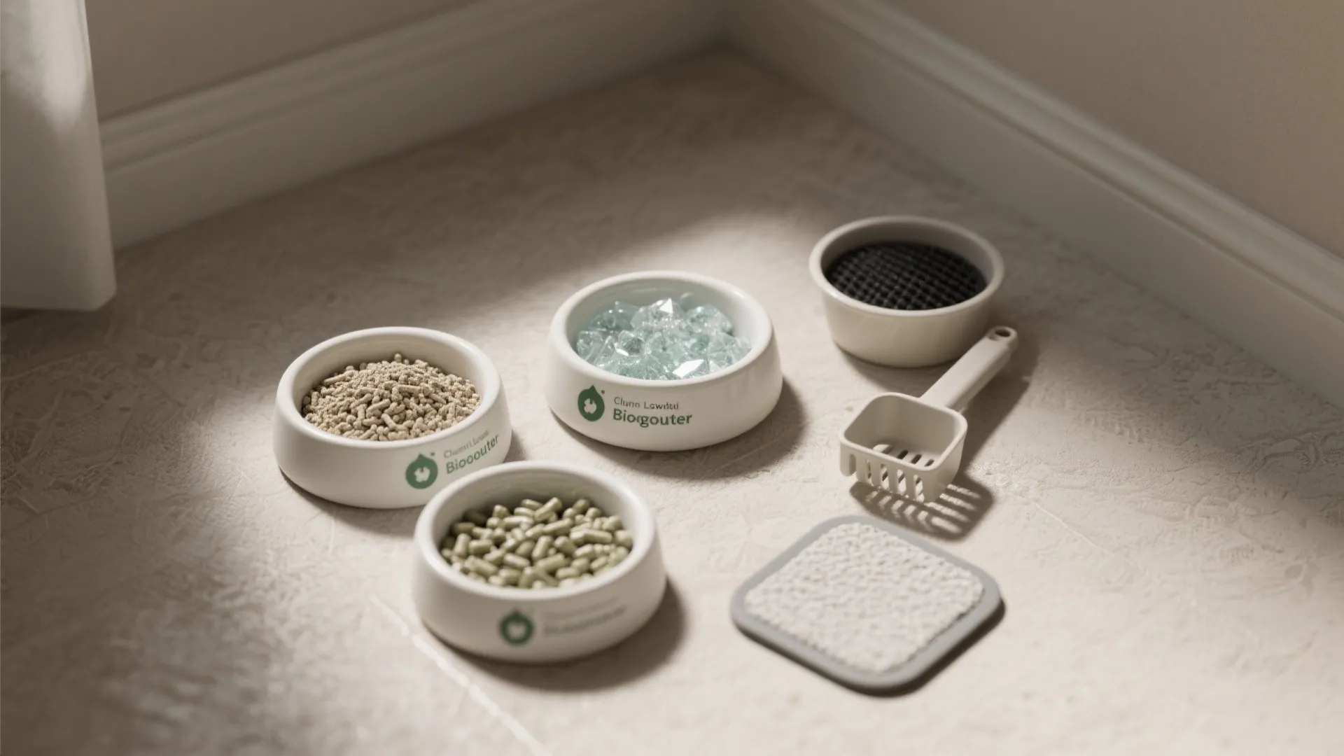 Four white bowls filled with different types of cat litter placed on a light floor
