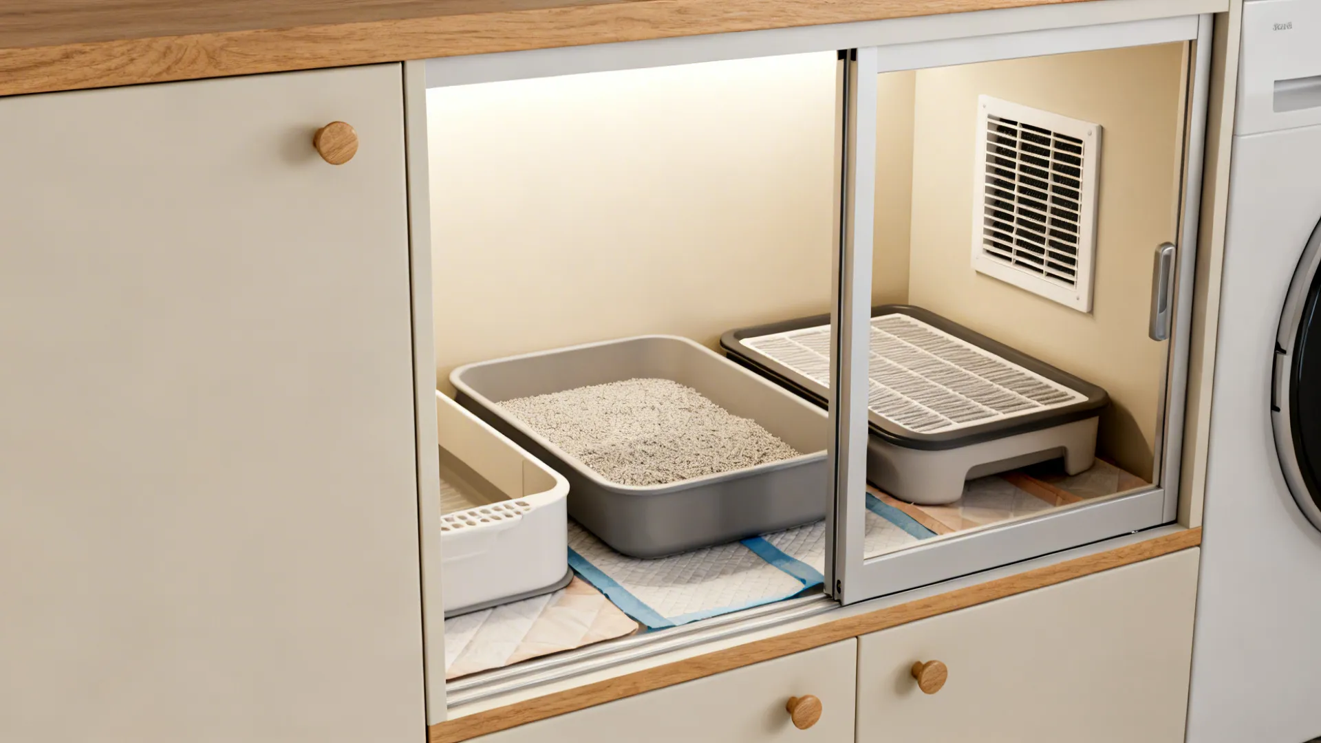 Ventilated sliding cabinet containing removable litter trays and a carbon filter for odor control.