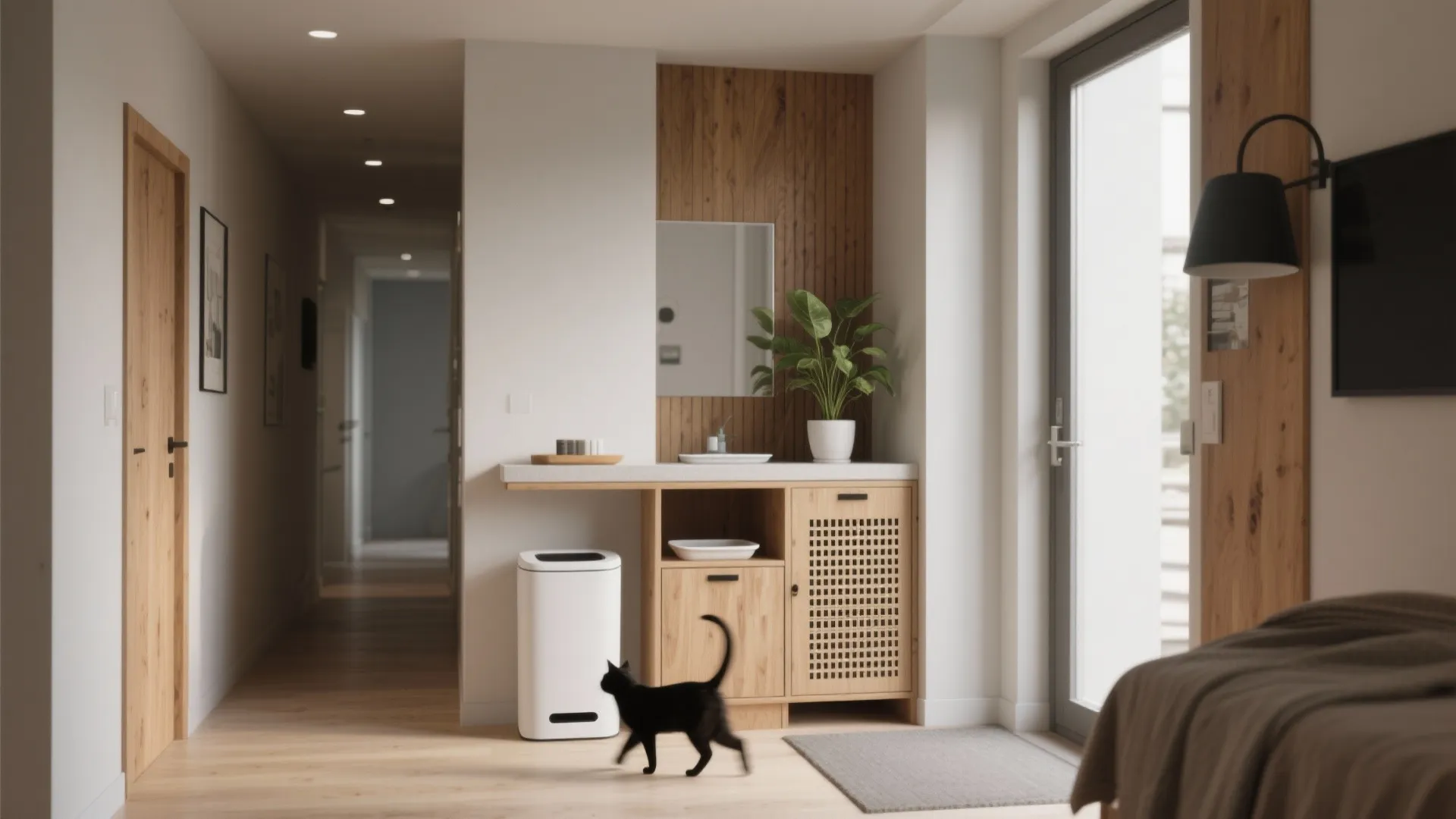 Modern hallway interior design with wooden cabinet white trash can black cat and plant pot