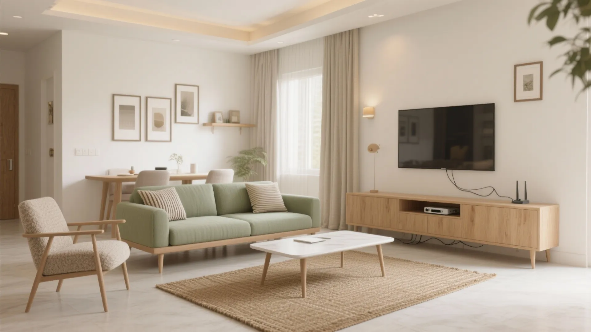 Modern living room featuring a green sofa wood cabinet coffee table and bright natural light