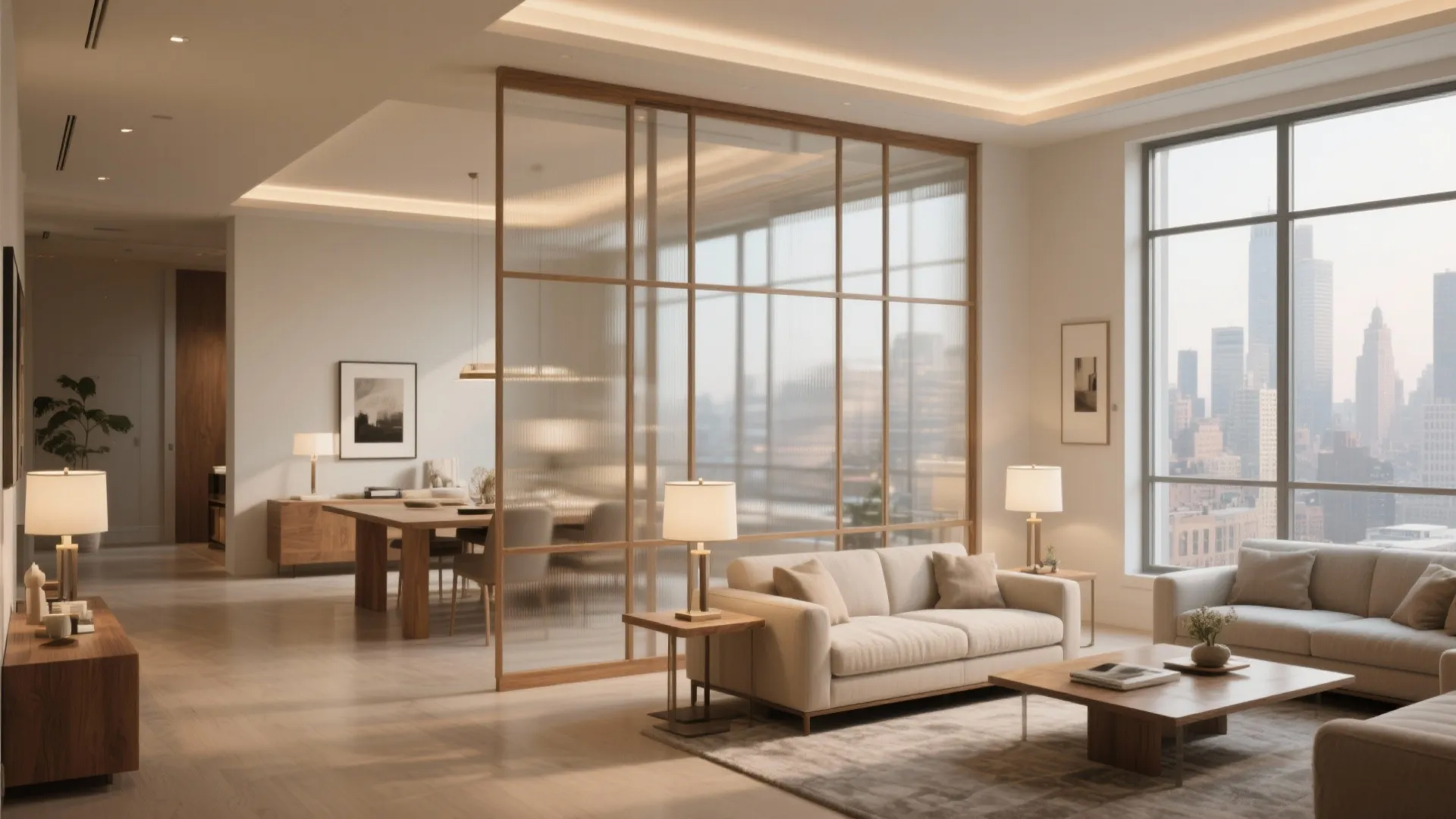 Light-filled living–dining with a glass-and-wood screen and layered lighting in a Mumbai 4 BHK.
