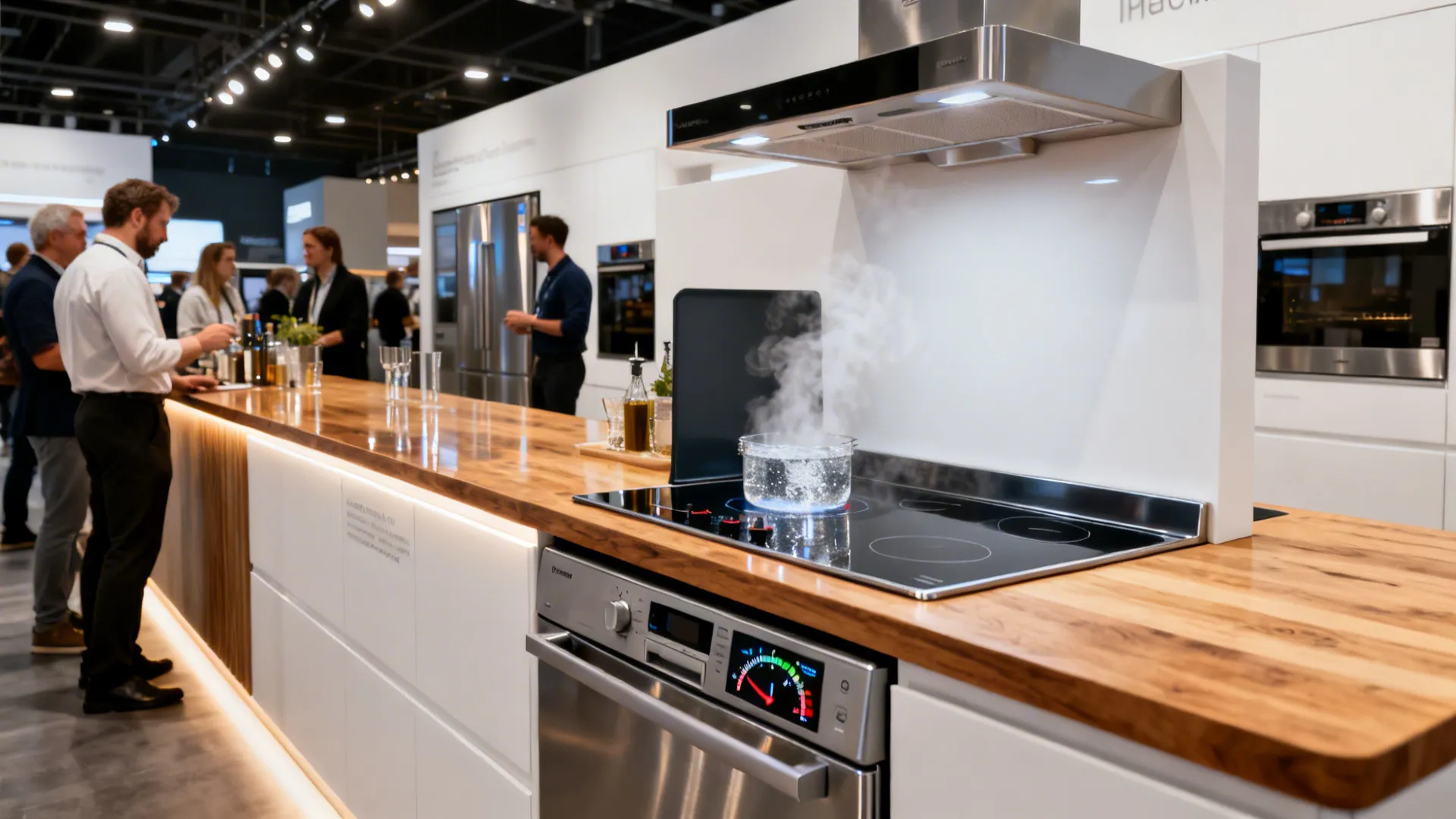 Compact showroom demo bar with induction boil, recirculating hood, and dishwasher decibel meter.