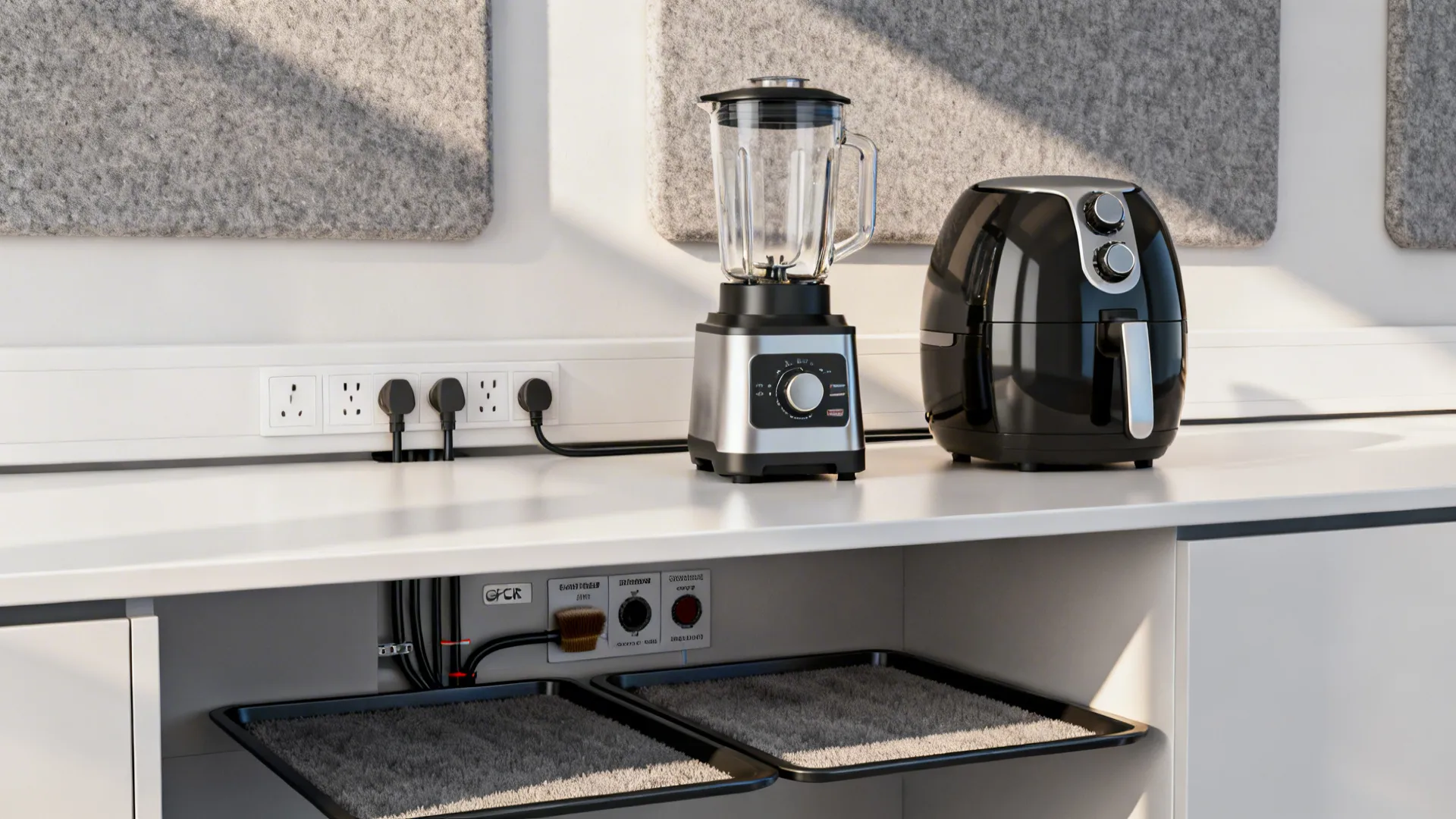 Compact demo counter with safe power, hidden cable routing, and acoustic panels.