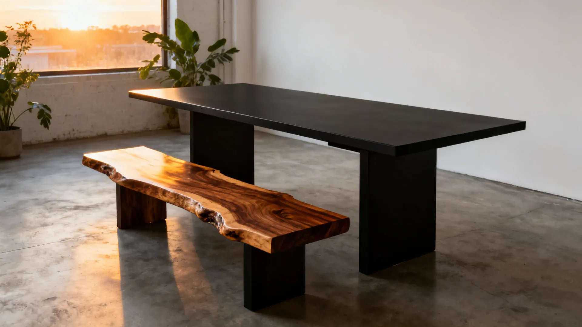 Walnut live-edge bench beside a matte-black dining table in a minimalist loft.