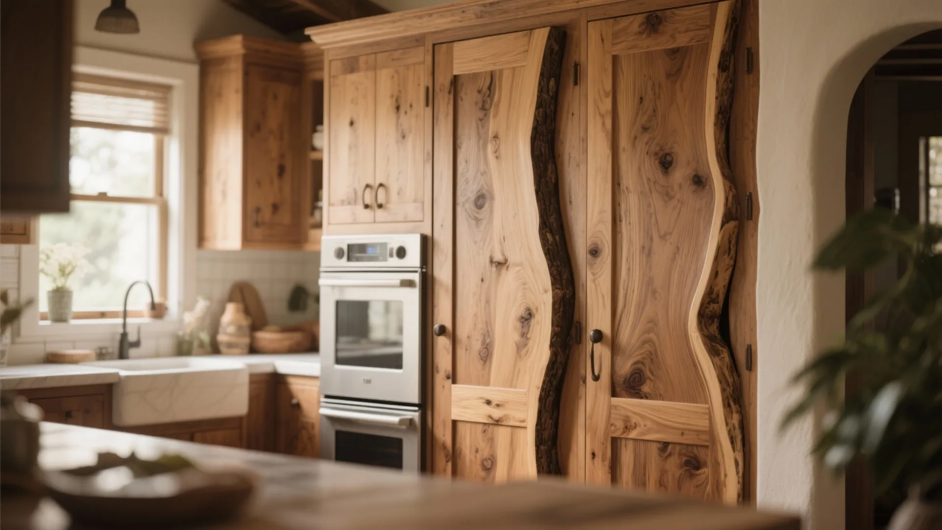Cabinet doors with natural live wood edges in a rustic kitchen