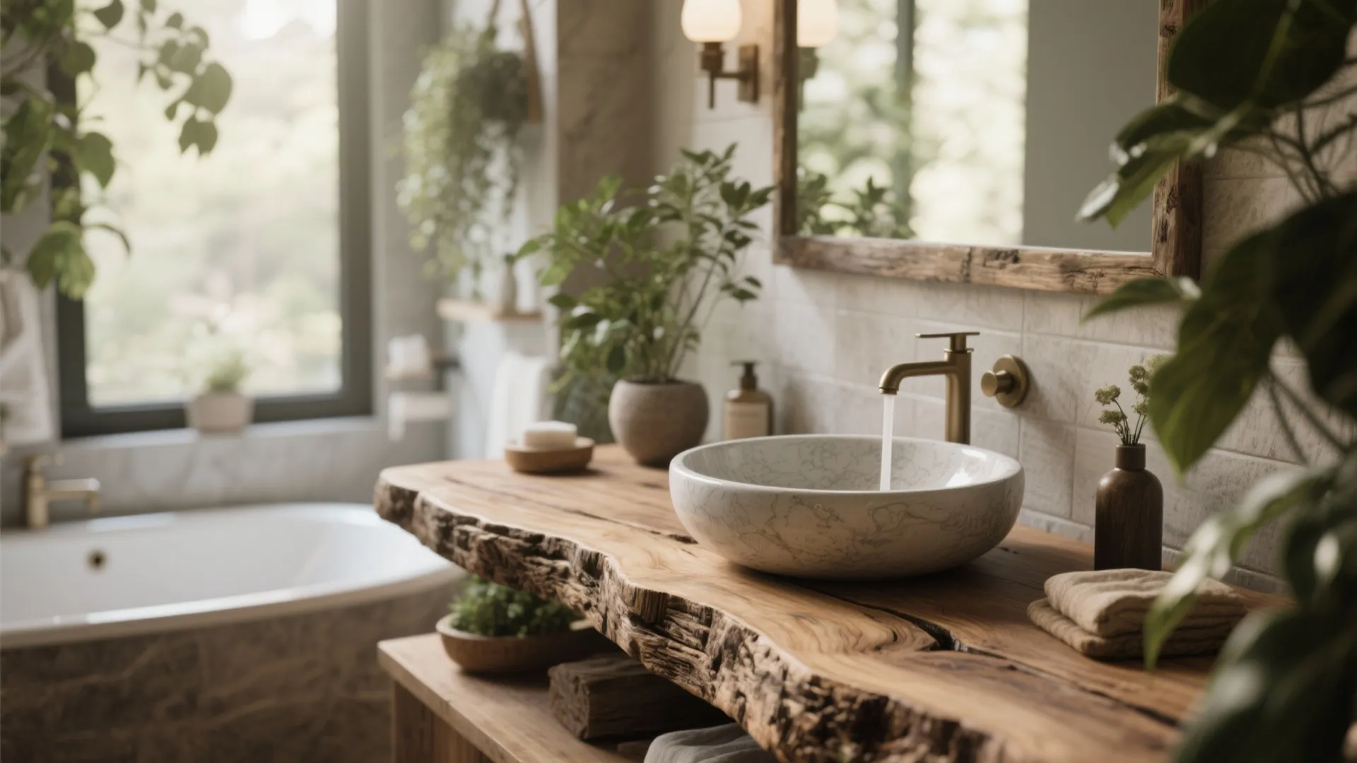 Vessel sink on a rustic live edge wooden counter