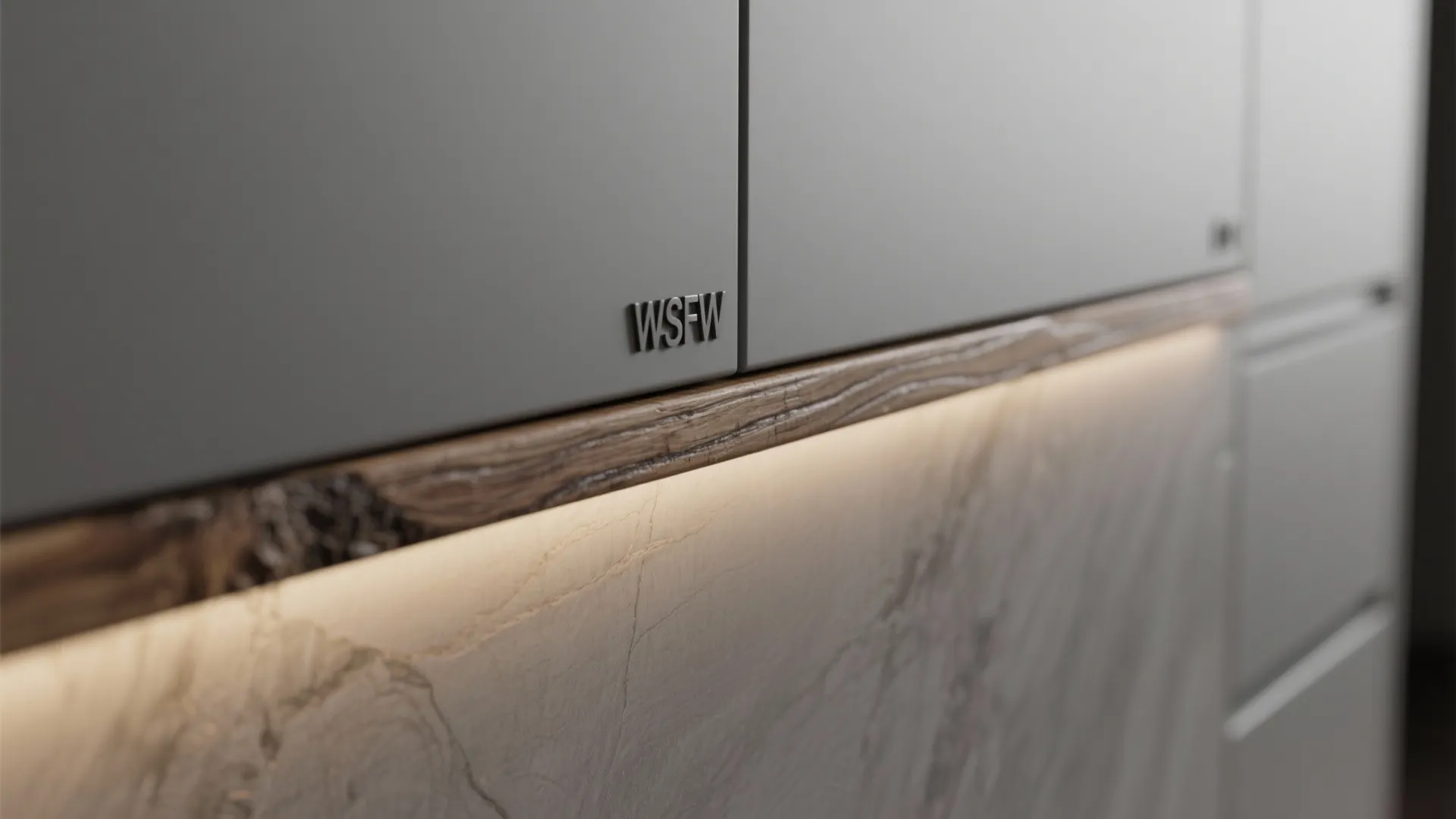 3. Matte grey cabinetry with live-edge wood accents