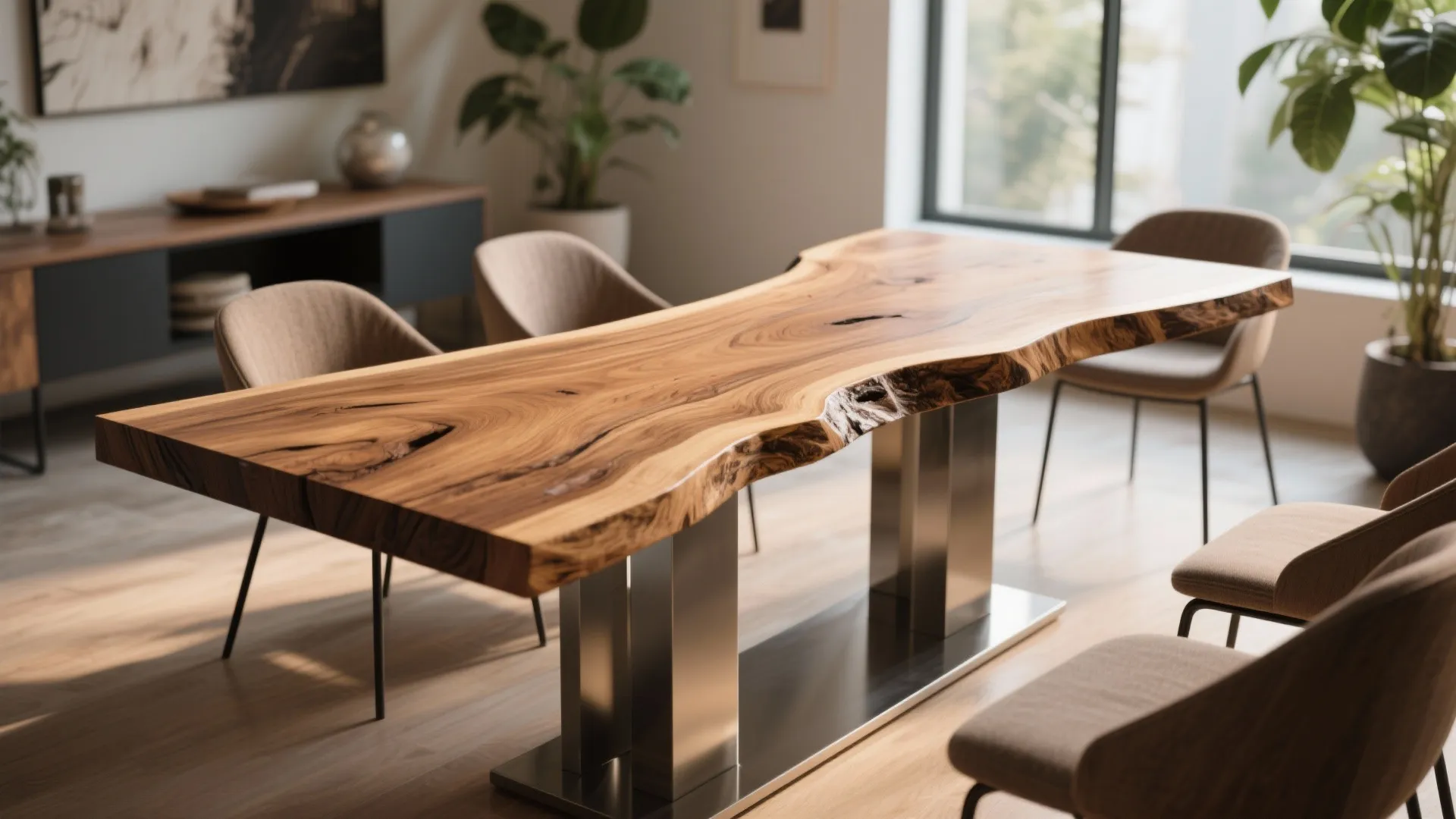 Modern dining room featuring natural wood table with metal legs grey chairs and green indoor plants