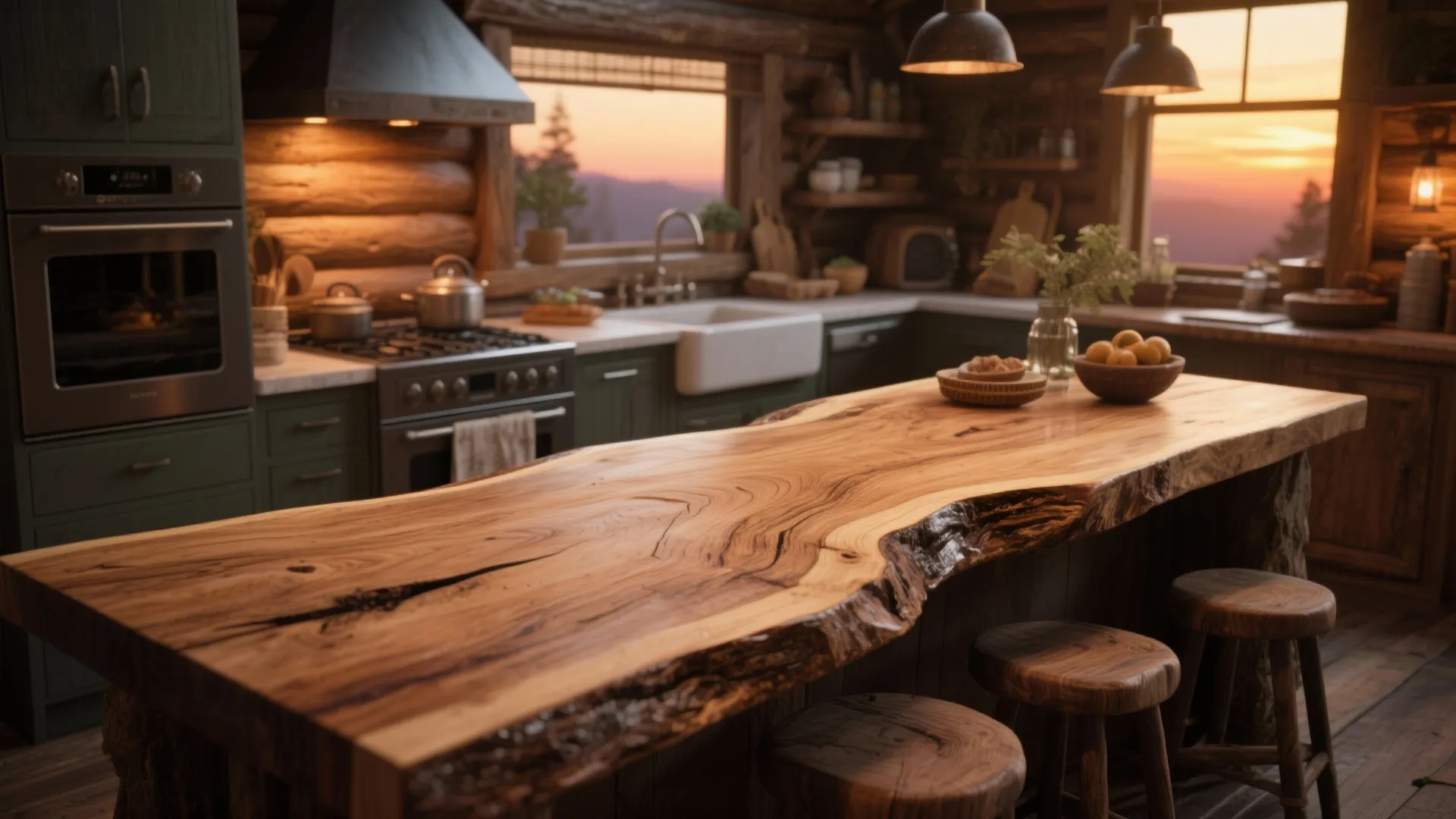 Rustic wooden kitchen island in log cabin with mountain view sunset and green kitchen cabinets