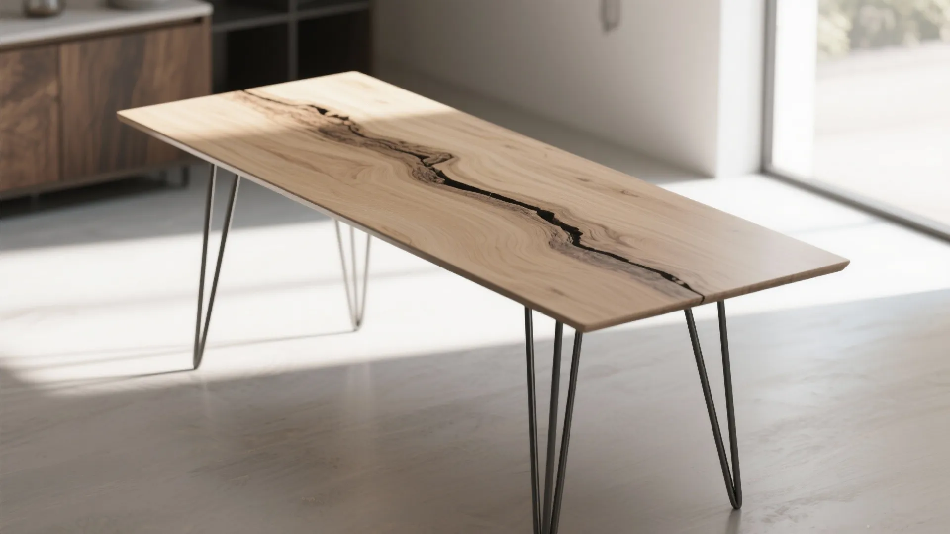 Modern wood table with natural dark grain pattern and thin black metal legs in bright room