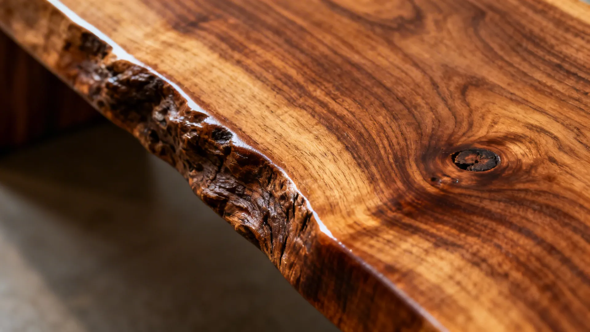 Macro of walnut live edge with grain and oil-wax finish sheen.