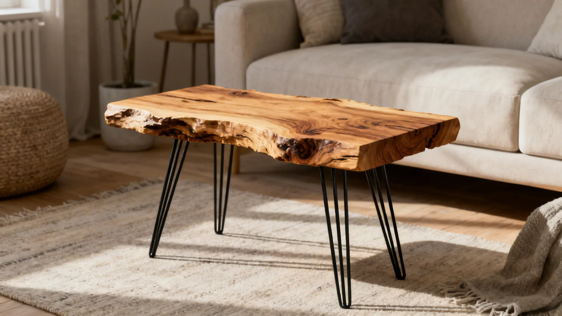 Natural wood coffee table with black metal legs on a rug in a bright living room