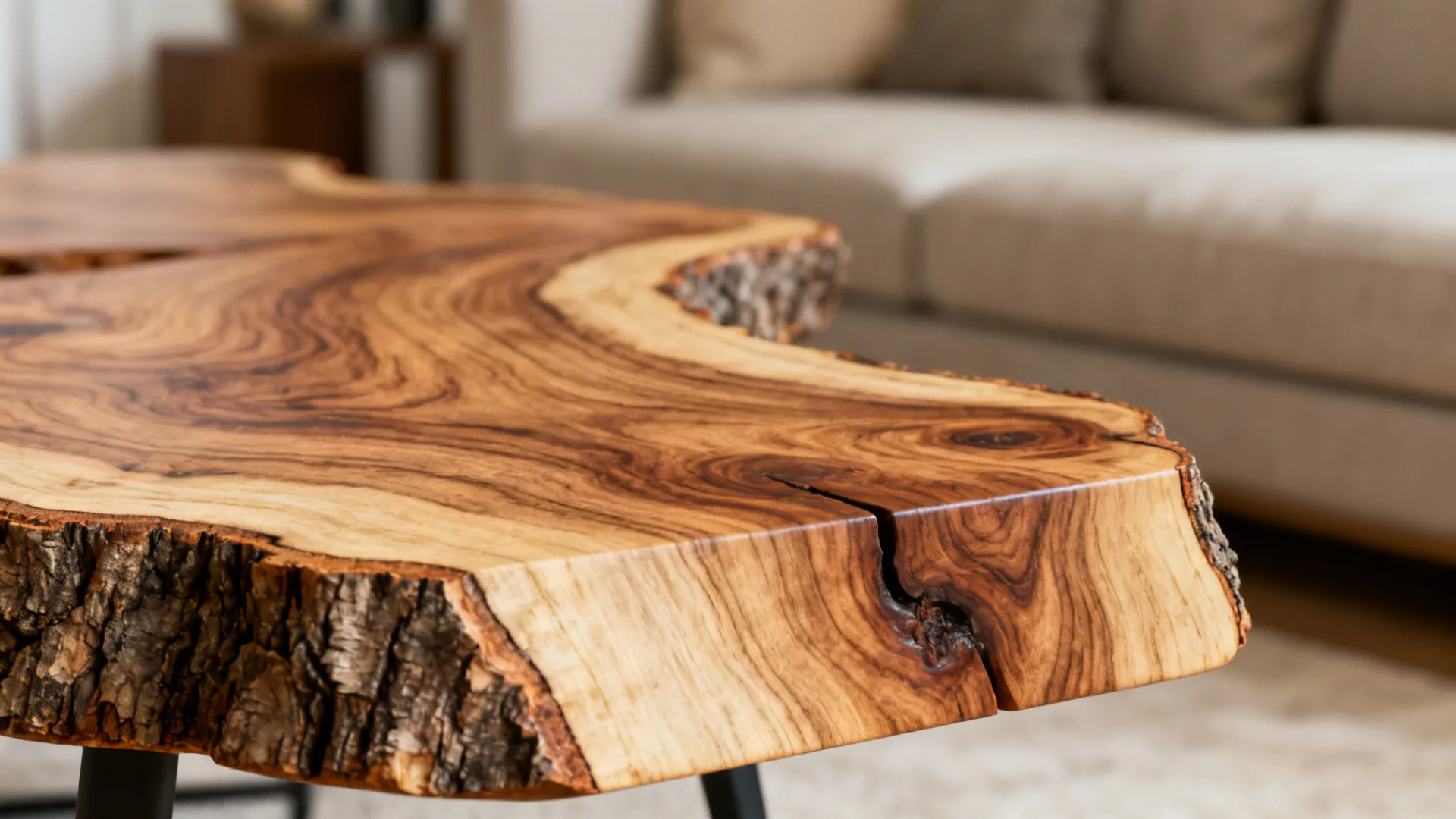 Close-up of live-edge wooden end tables highlighting unique slab edges and grain.
