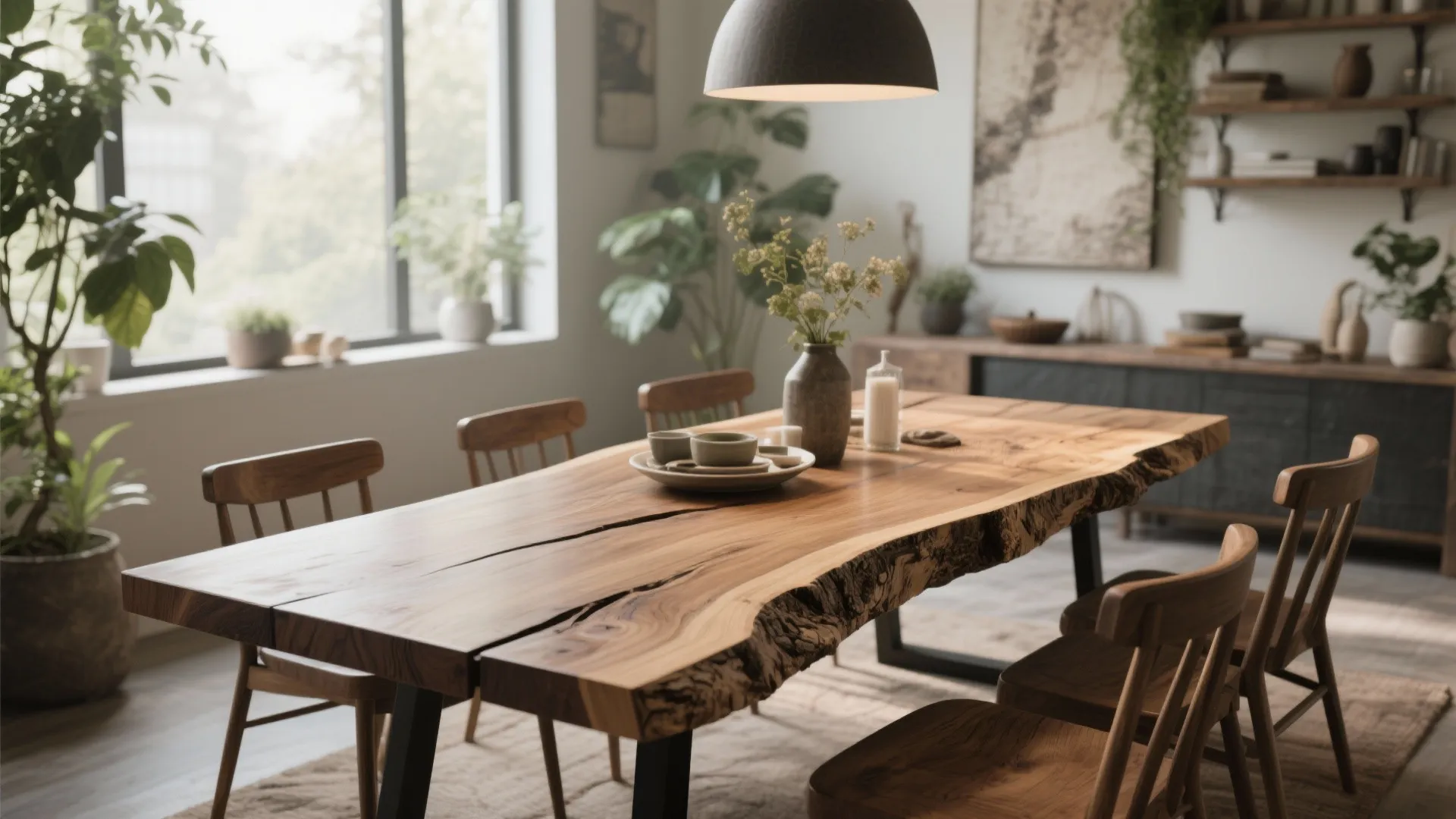 Rustic dining room featuring a large wooden table with natural edges and several wooden chairs