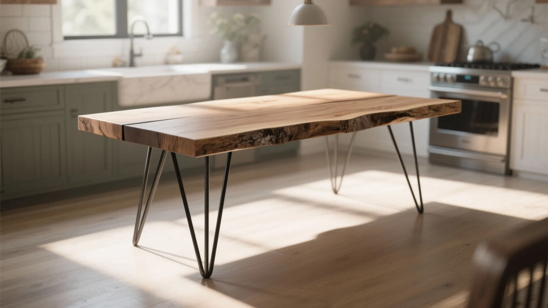 Natural wood dining table with metal legs placed in a bright kitchen with green cabinets