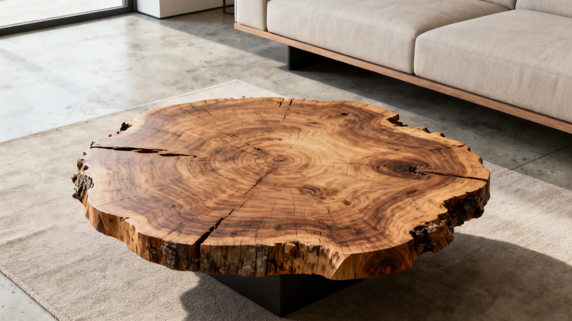Natural wood tree slice coffee table on a grey rug in a modern living room setting