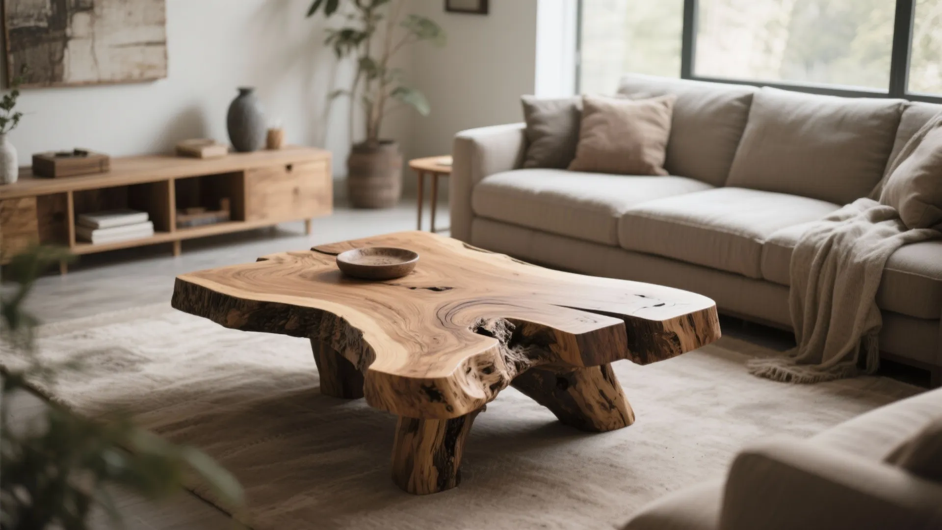 Rustic modern living room with a live edge wood coffee table