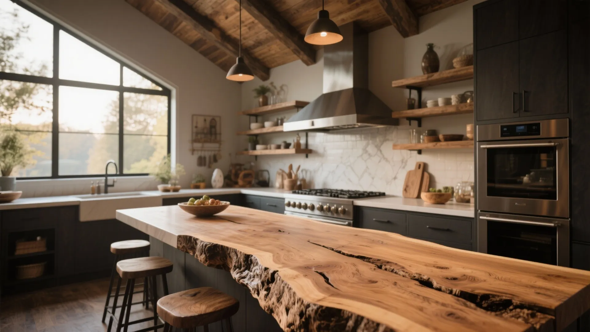 Rustic kitchen featuring large live edge wood island with bar stools and exposed wood ceiling beams