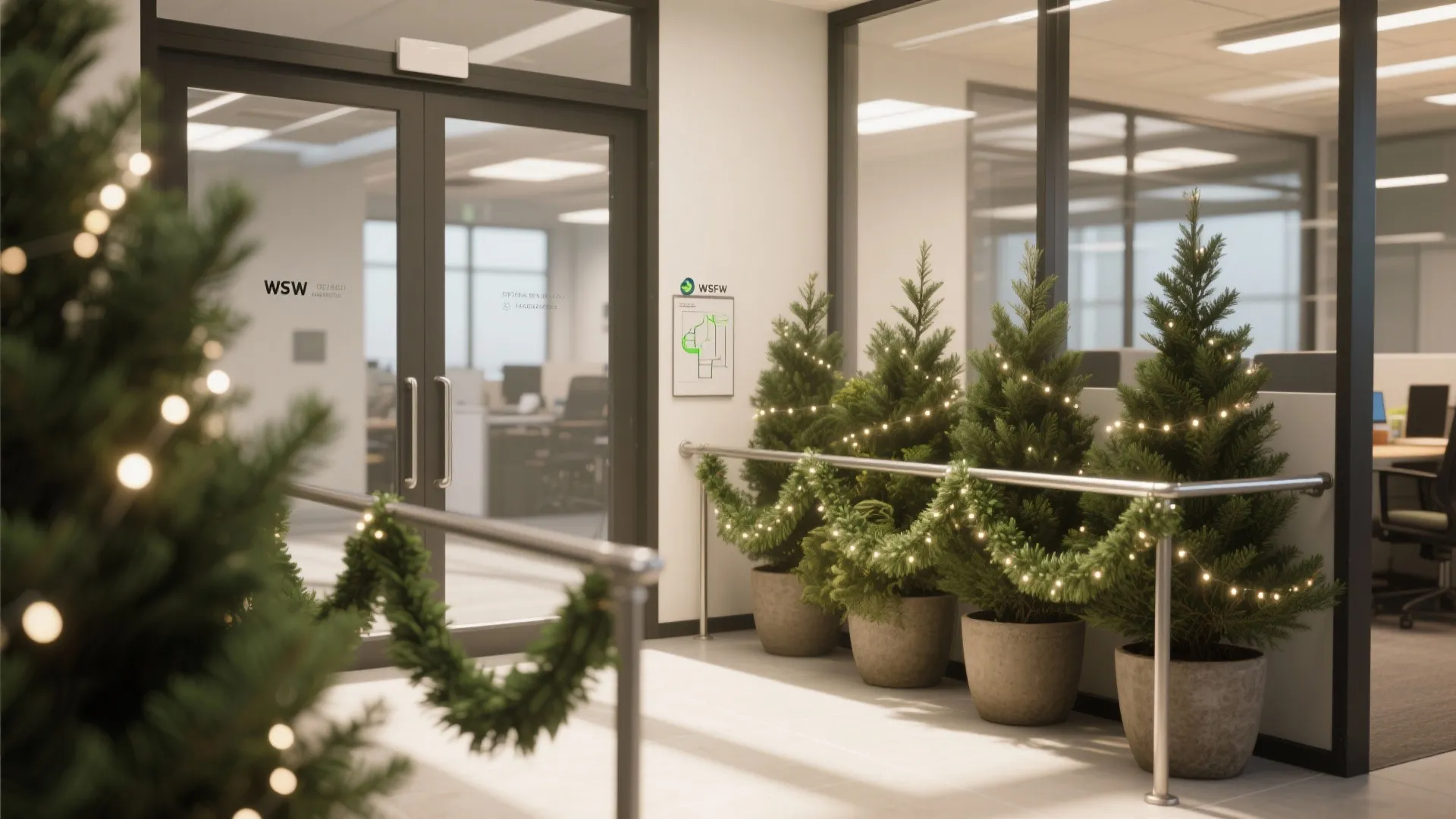 Modern office entrance decorated with small potted pine trees glowing string lights and festive green garlands