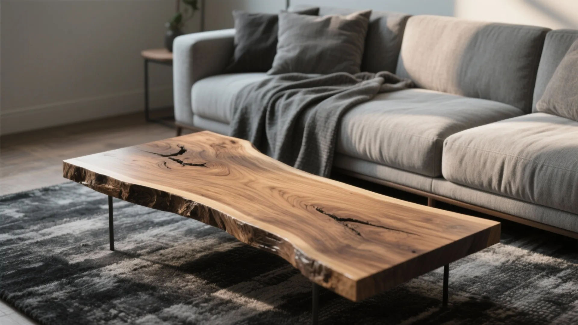 1. Layered Greys with a Single Wood Accent