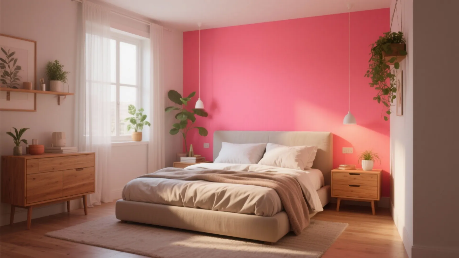 Modern bedroom with bright pink wall wooden furniture green plants and large window with curtains