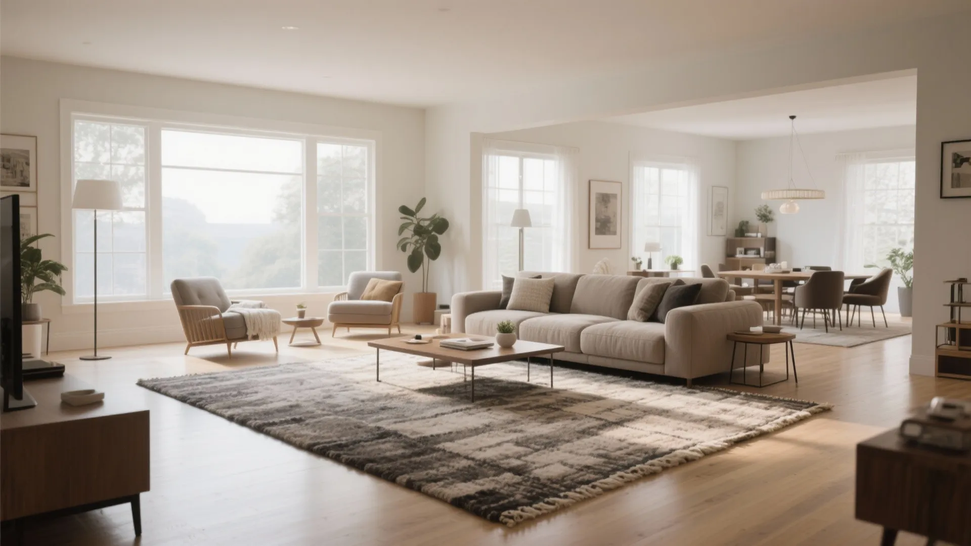 Spacious living room with large grey rug brown sofa and dining table in the distance