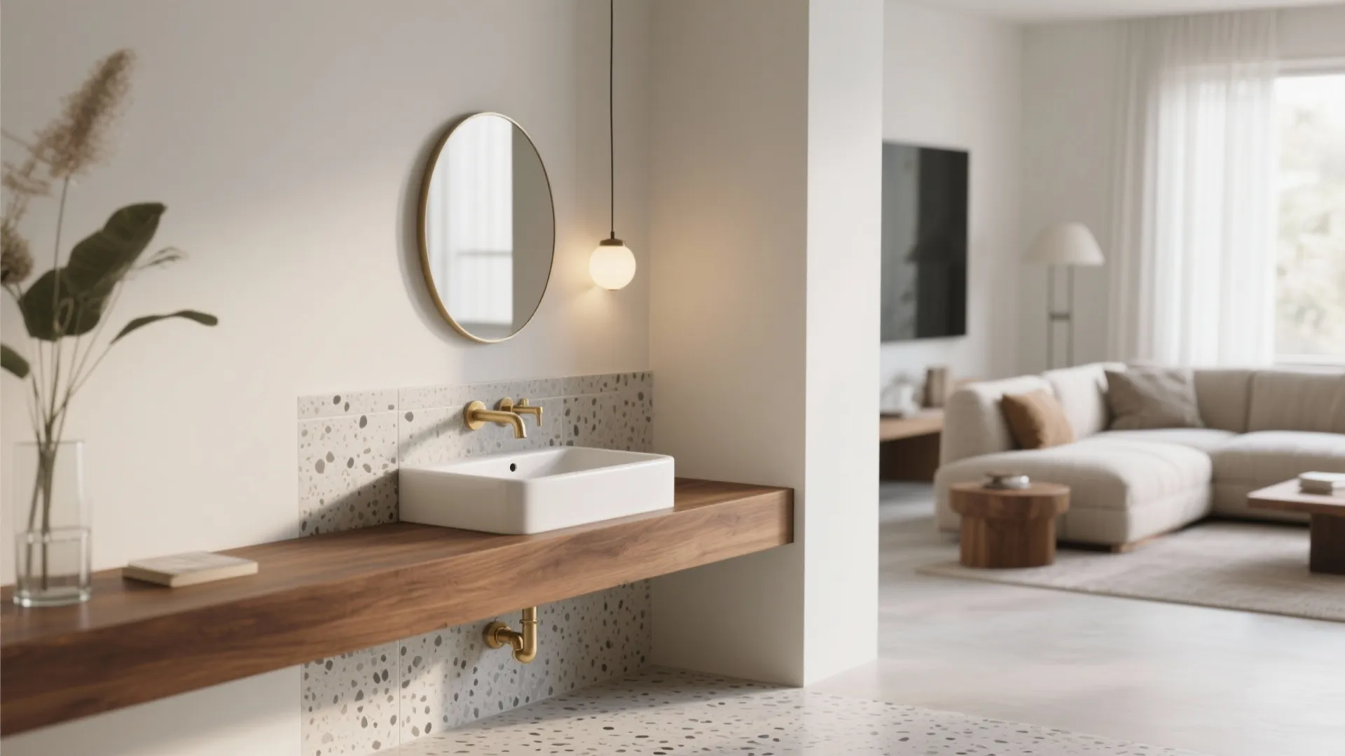 Modern white sink on wooden counter with gold faucet and round mirror near bright living room