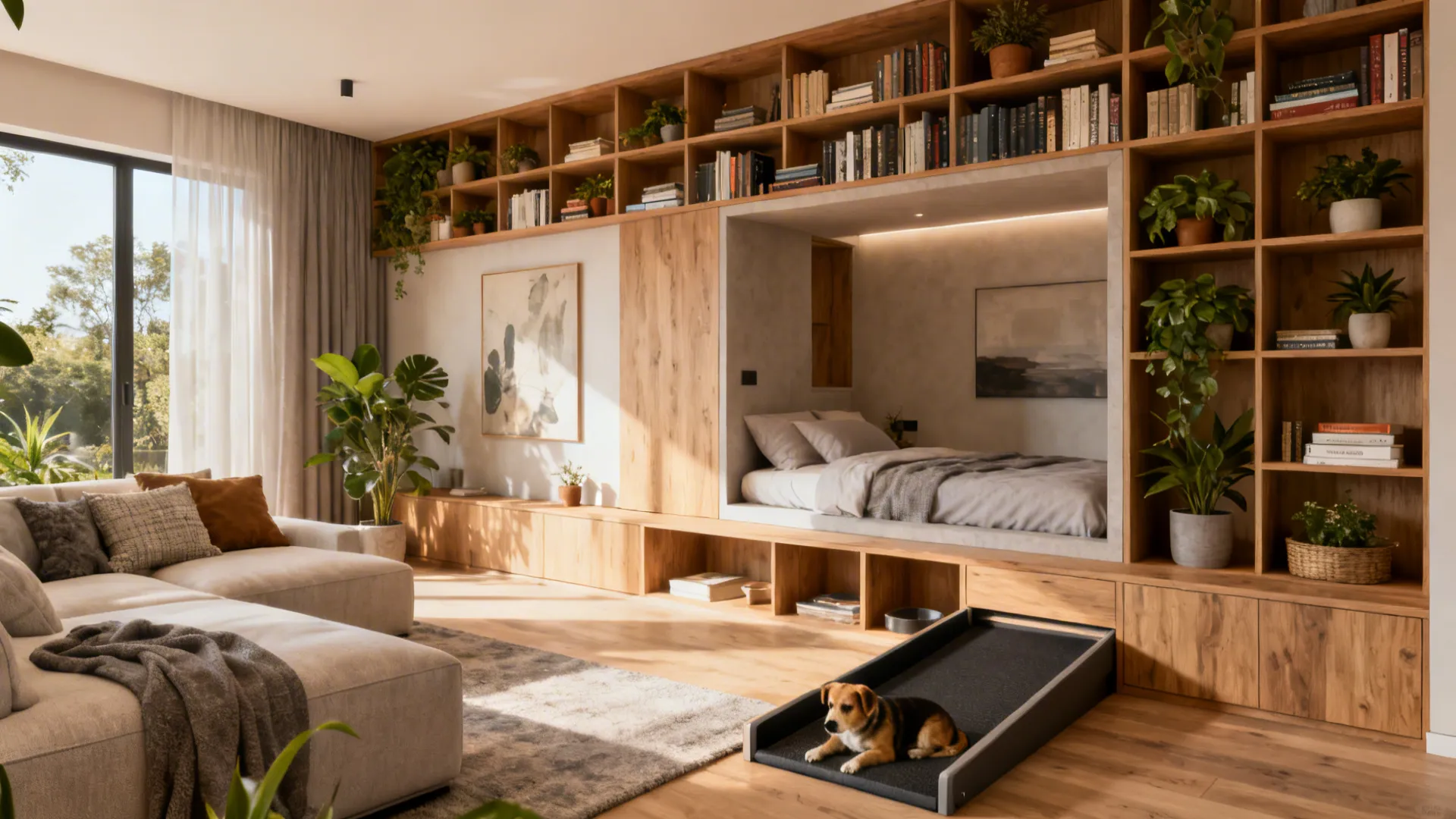 Modern wooden wall cabinet featuring a built-in bed area beside a sofa and small dog
