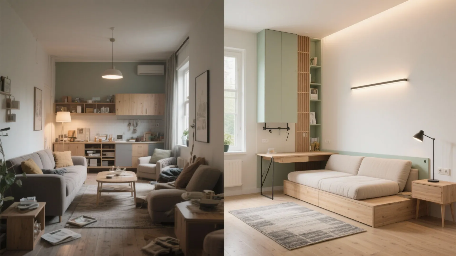 Multifunctional living: sofa-bed, folding table, and vertical zones