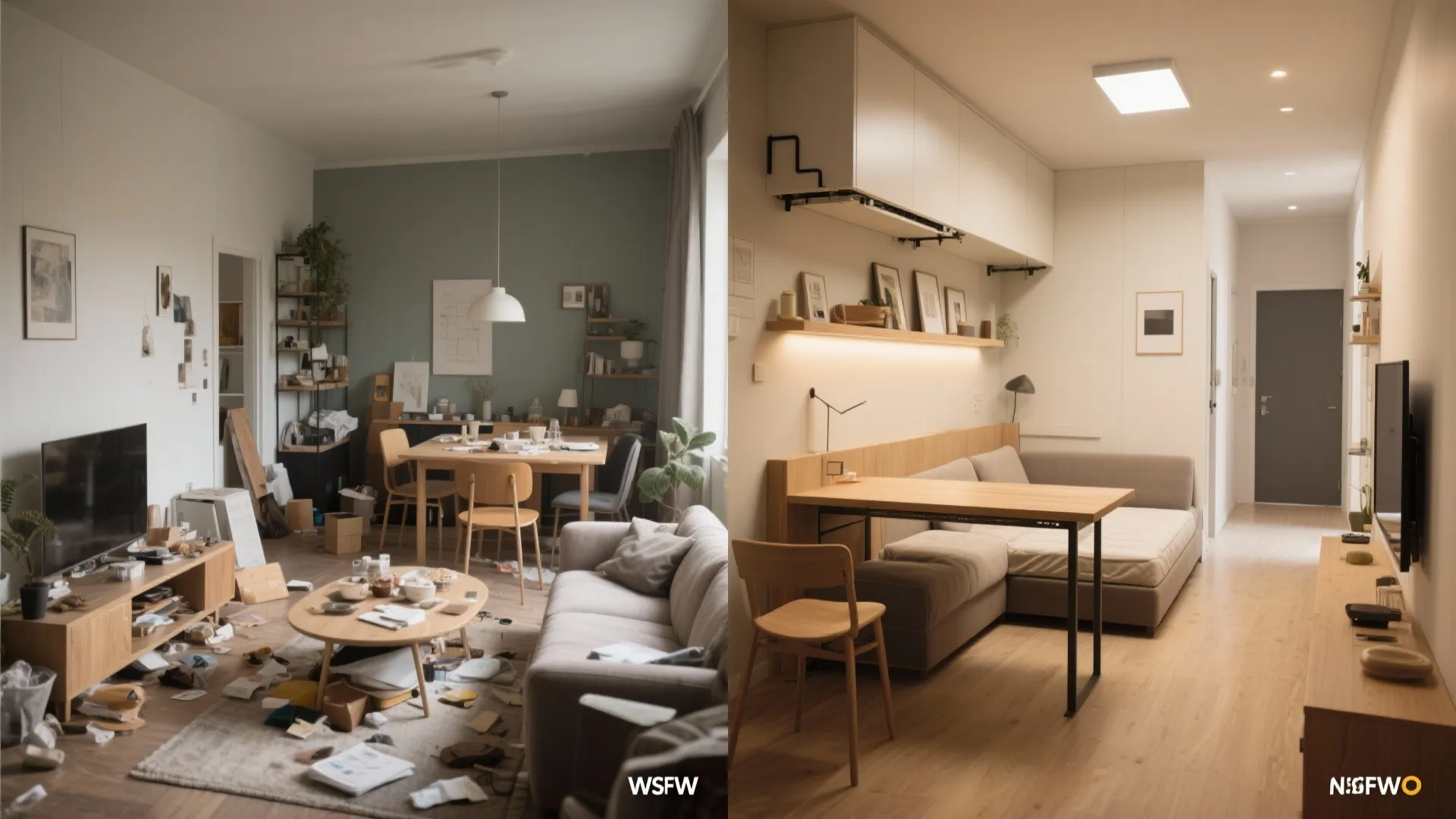 Multi-functional furniture: sofa bed + fold-down table