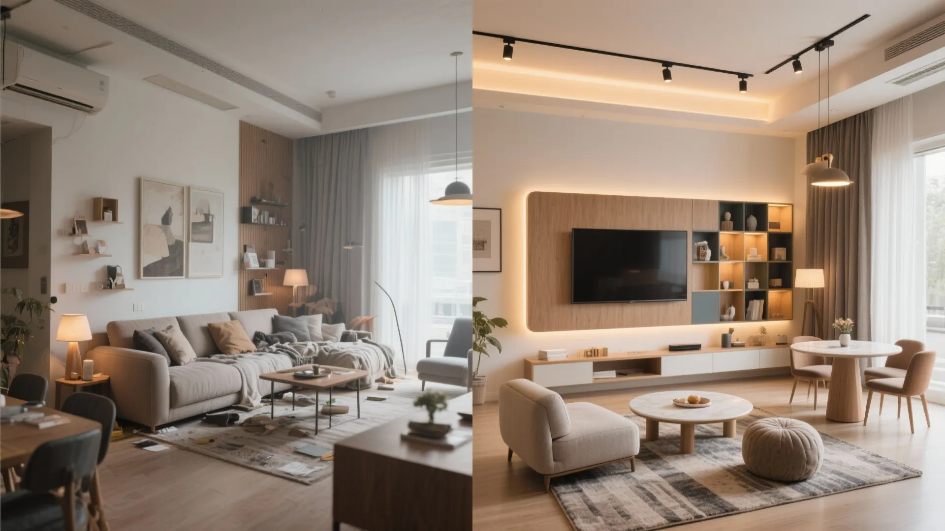 Before-and-after comparison of a messy living room versus a clean organized modern home interior design