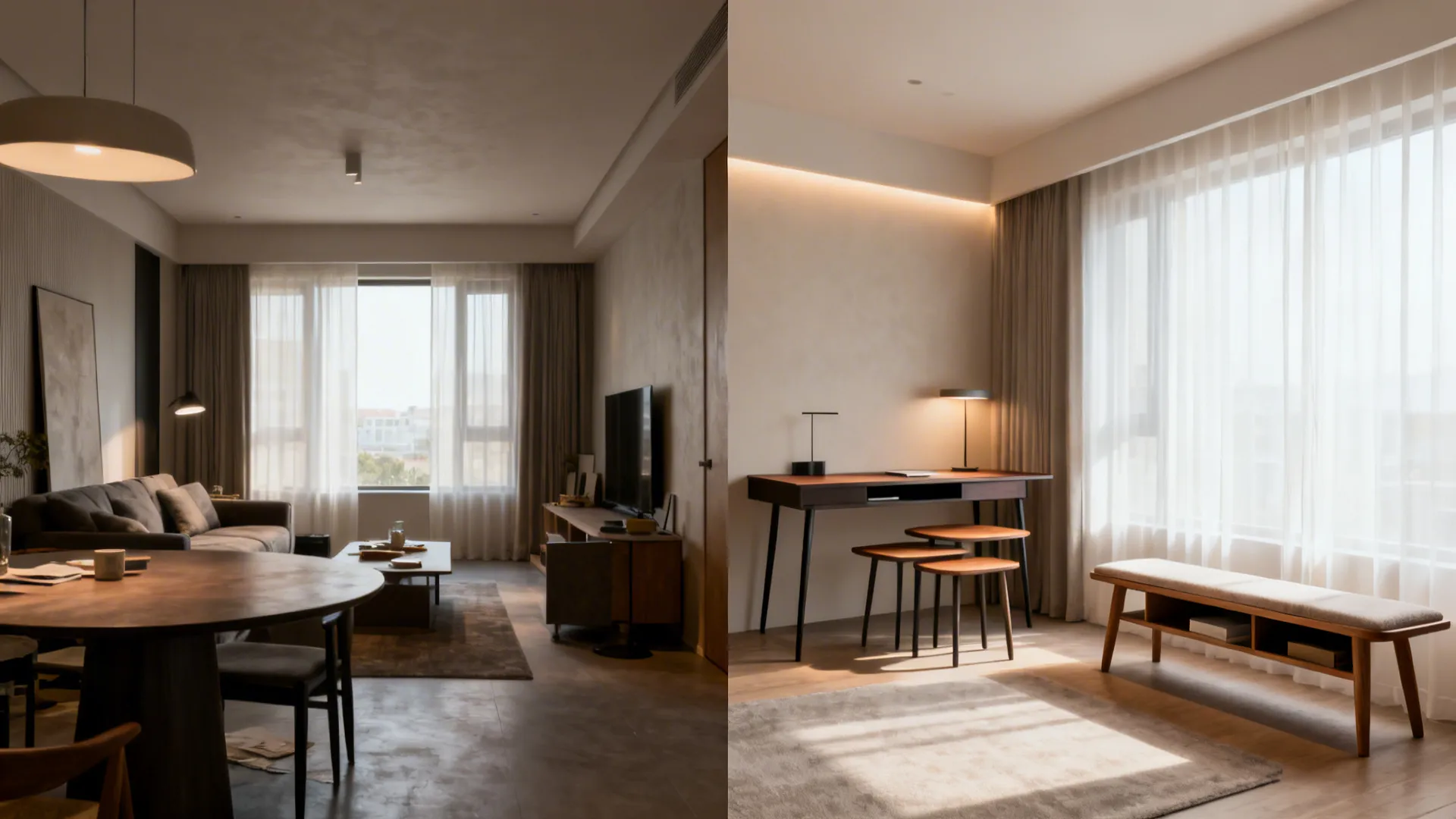 Split view comparing a cluttered small living room before and a slim, layered after.